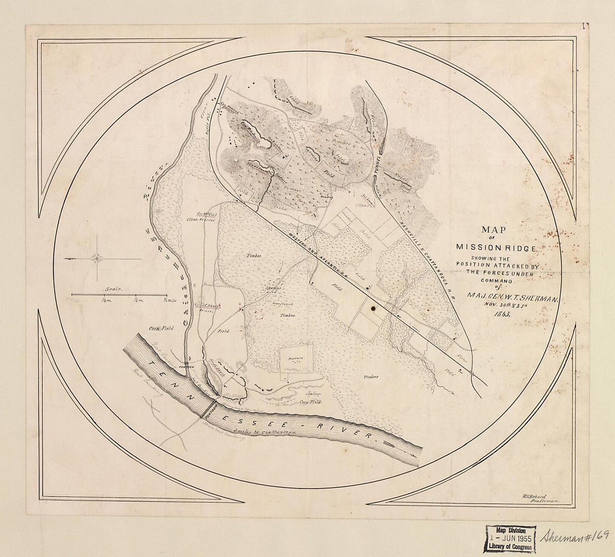 Map of Mission sic Ridge Showing the Position Attacked by the Forces Under Command of Maj. Gen. W. T. Sherman, Nov. 24th &amp; 25th 1863 by Relic Map Company