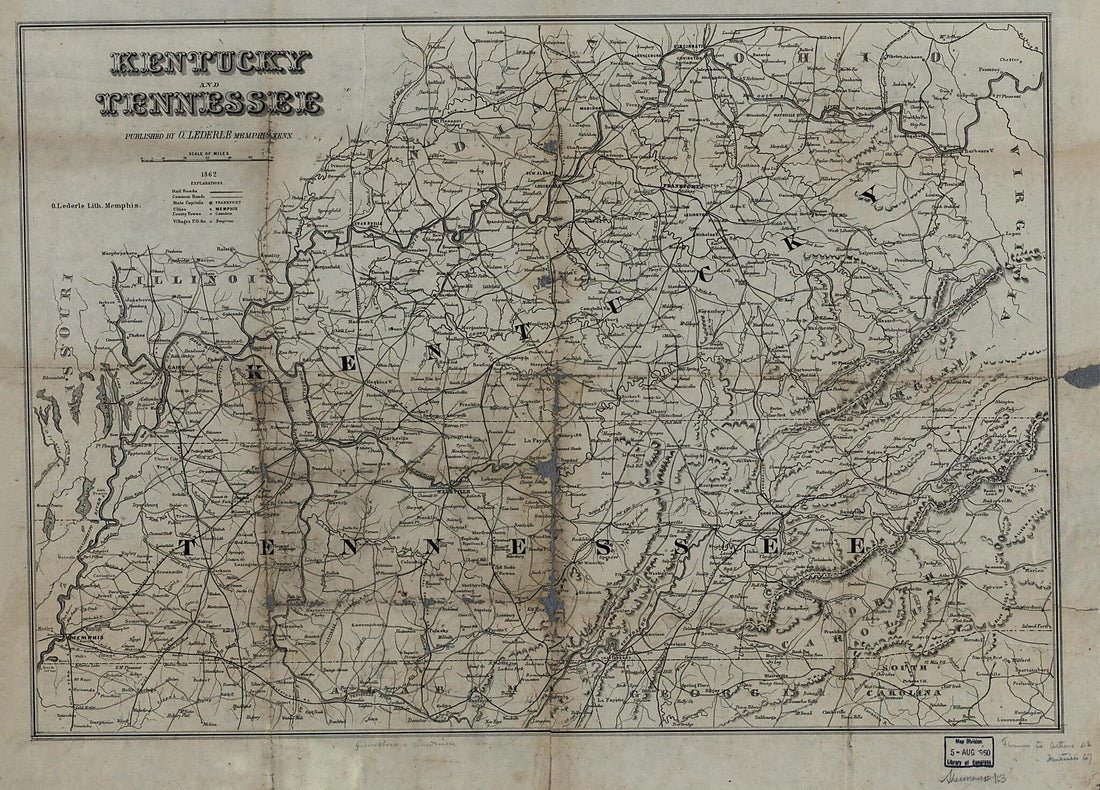 This old map of Kentucky and Tennessee from 1862 was created by O. Lederle in 1862