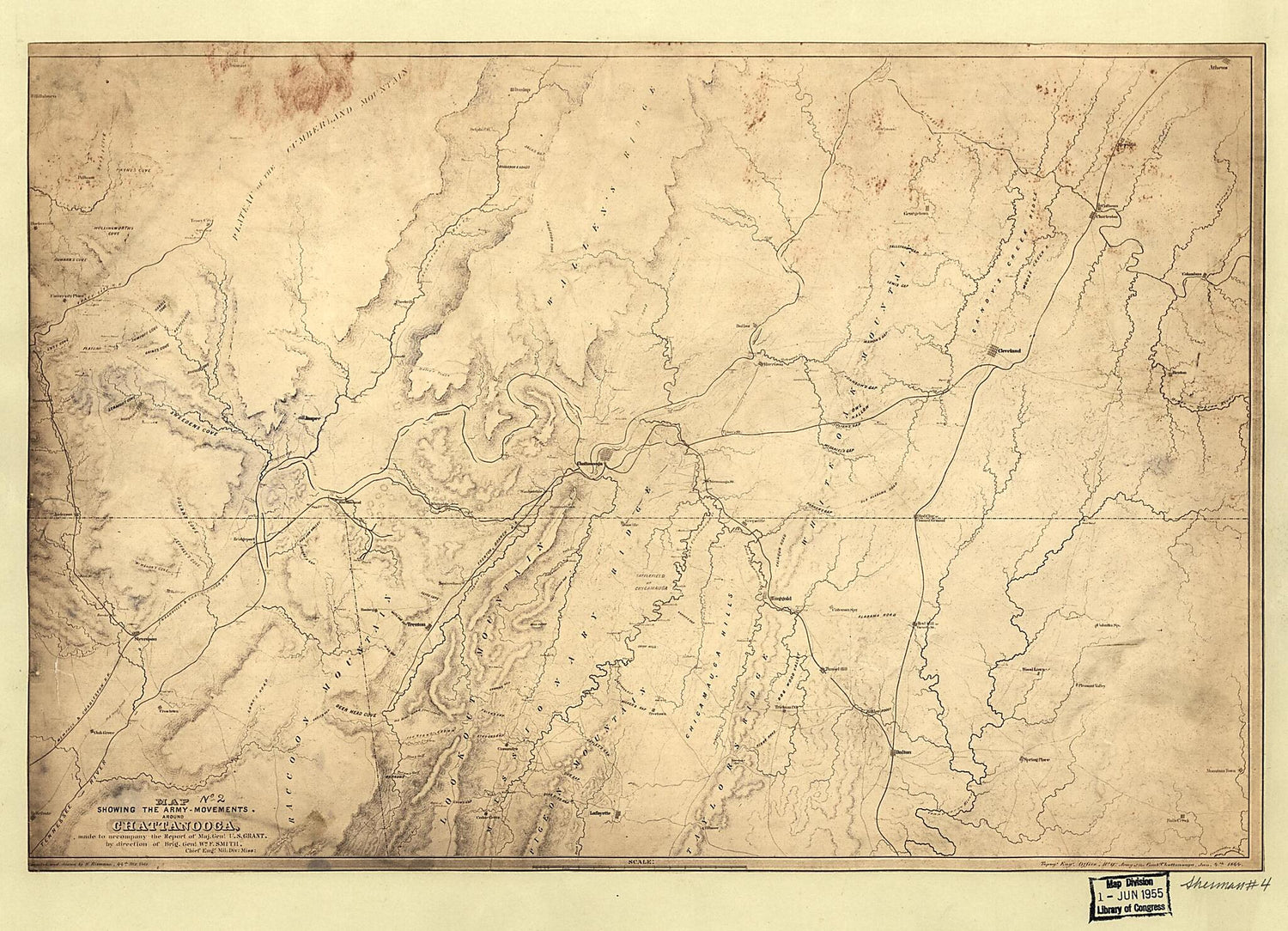 This old map of Map Showing the Army Movements Around Chattanooga from 1864 was created by H. Riemann, William Farrar Smith in 1864