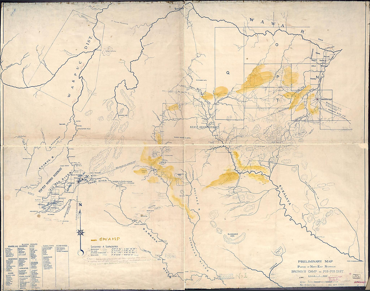 This old map of Pis Dist. (Preliminary Map, Portion of Northeast Nicaragua) from 1927 was created by  in 1927