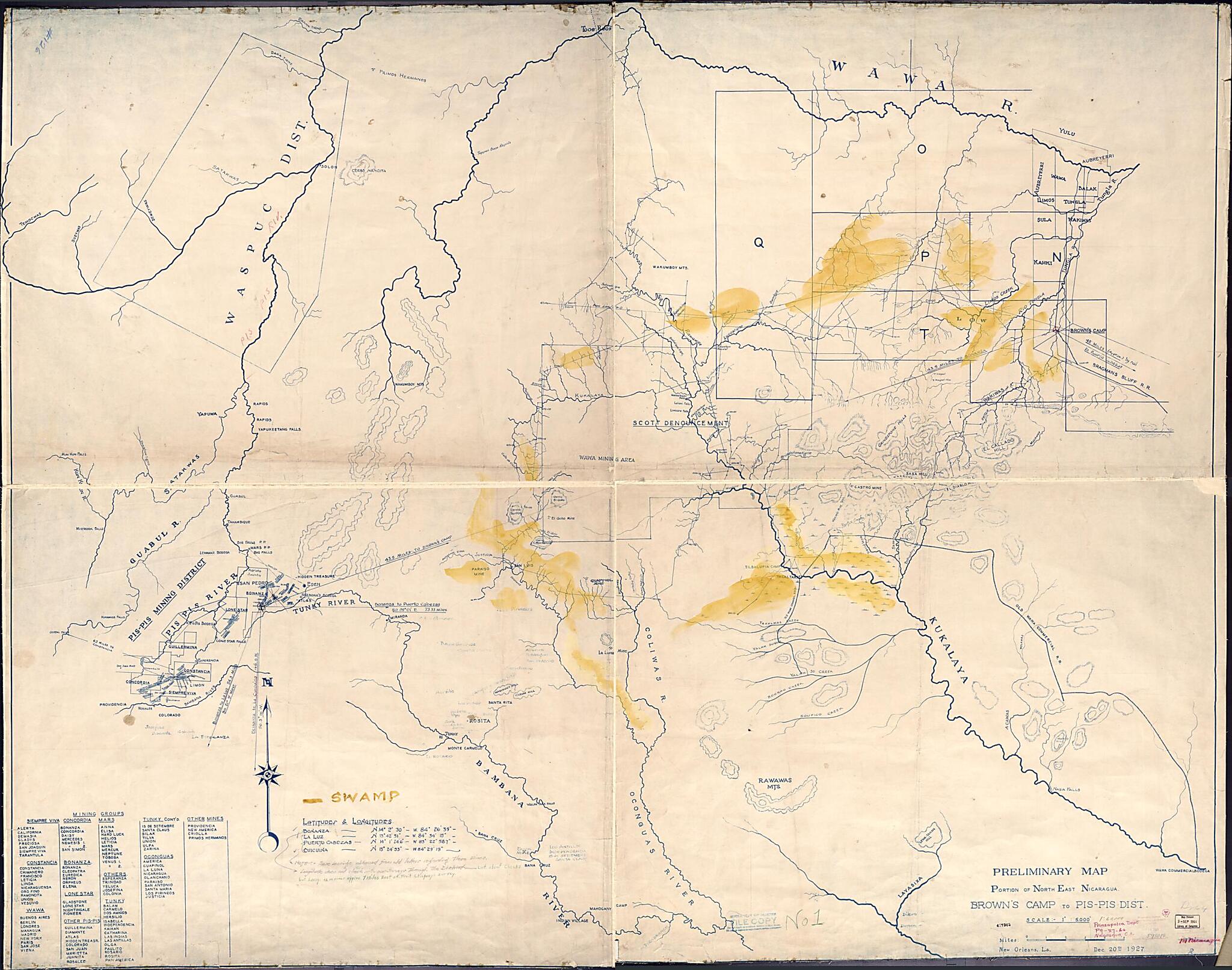 This old map of Pis Dist. (Preliminary Map, Portion of Northeast Nicaragua) from 1927 was created by  in 1927