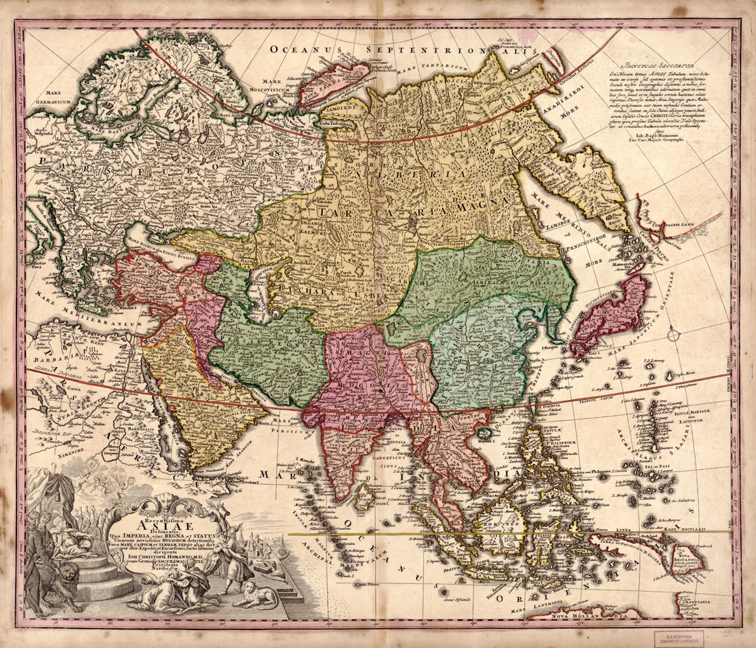 This old map of Recentissima Asiae Delineatio, Qua Imperia, Ejus, Regna, Et Status, Unacum Novissimis Russorum Detectionibg Circa Mare Caspium Et Terram, Yedso Alias Dict from 1743 was created by Johann Baptist Homann, Johann Christoph Homann in 1743