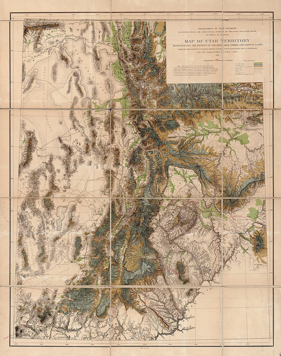 This old map of Map of Utah Territory Representing the Extent of the Irrigable, Timber and Pasture Lands from 1878 was created by Julius Bien,  Geographical and Geological Survey of the Rocky Mountain Region (U.S.), H. (Henry) Lindenkohl, Charles Mahon, 