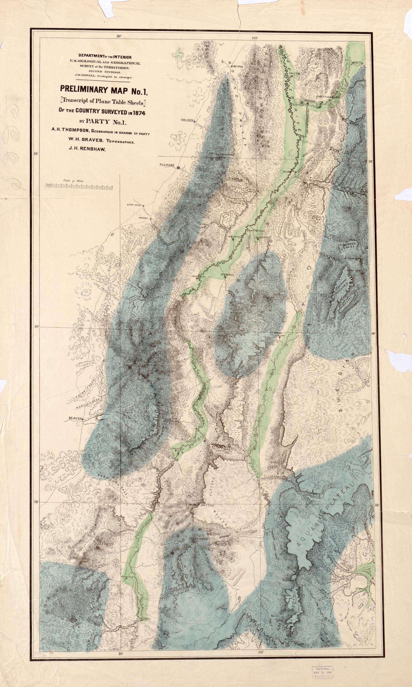 This old map of Preliminary Map No. 1, (transcript of Plane Table Sheets) of the Country Surveyed In from 1874 by Party No. 1 was created by  Geological and Geographical Survey of the Territories (U.S.), John Wesley Powell, A. H. (Almon Harris) Thompson 