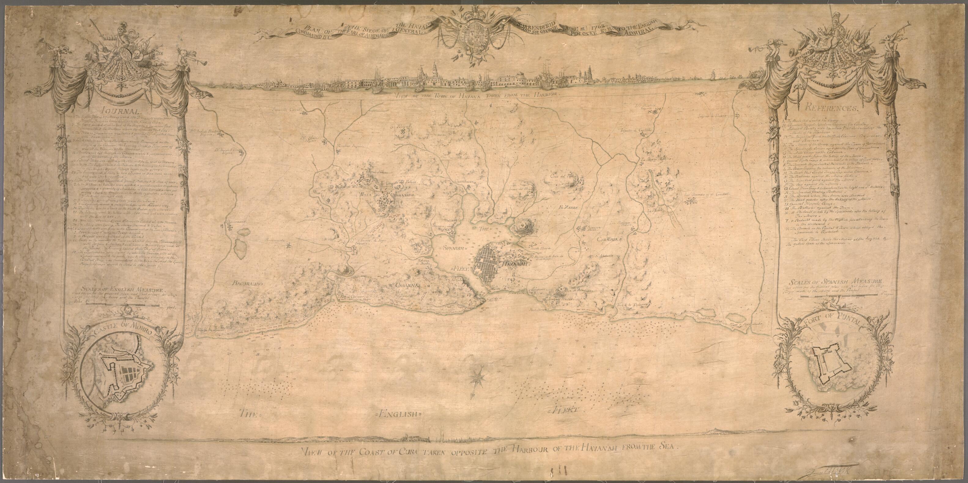 This old map of Plan of the Siege of the Havana Surrenderid sic Aug. 12, from 1762 to the English Commanded by the Earl of Albemarle General and Sir George Pococke K.B. Admiral was created by James Hawk in 1762