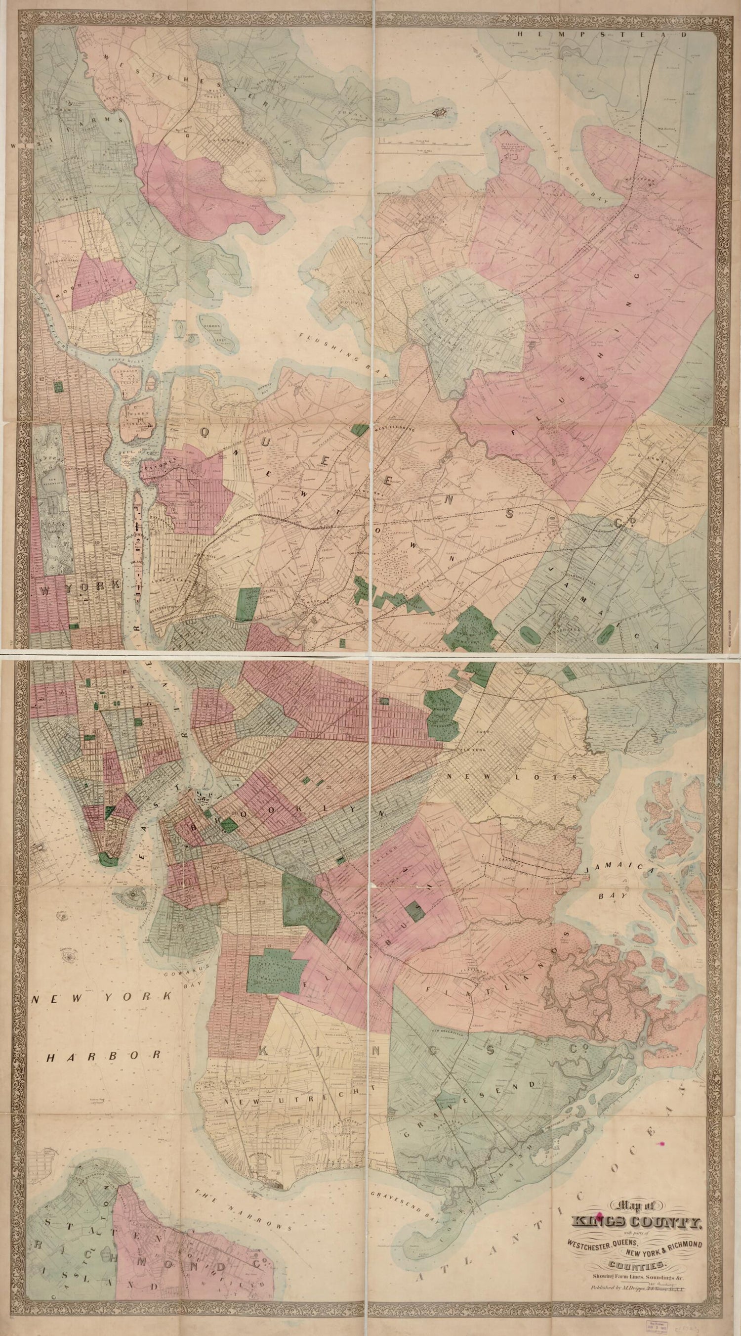 This old map of Map of Kings County : With Parts of Westchester, Queens, New York &amp; Richmond : Showing Farm Lines, Soundings, &amp;c from 1872 was created by M. (Matthew) Dripps in 1872