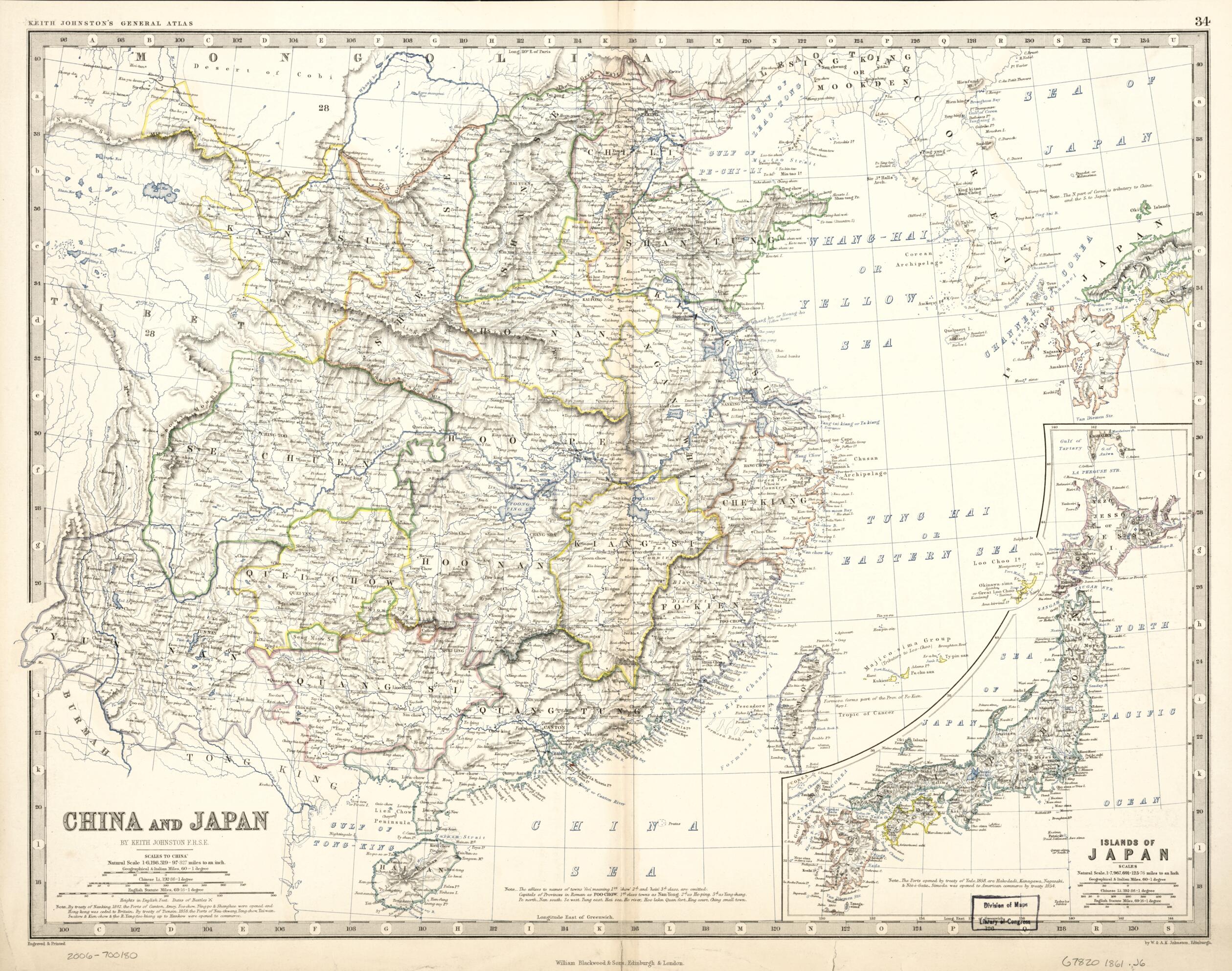 This old map of China and Japan from 1861 was created by Keith Johnston,  W. &amp; A.K. Johnston Limited,  William Blackwood and Sons in 1861