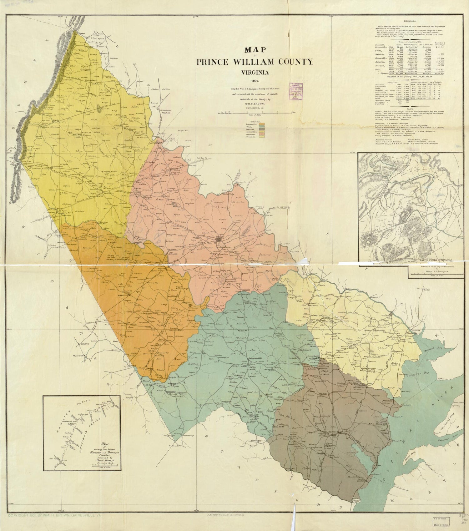 This old map of Map of Prince William County, Virginia : Compiled from U.S. Geological Survey and Other Data and Corrected With the Assistance of Reliable Residents of the County from 1901 was created by Wm. H. (William H.) Brown in 1901