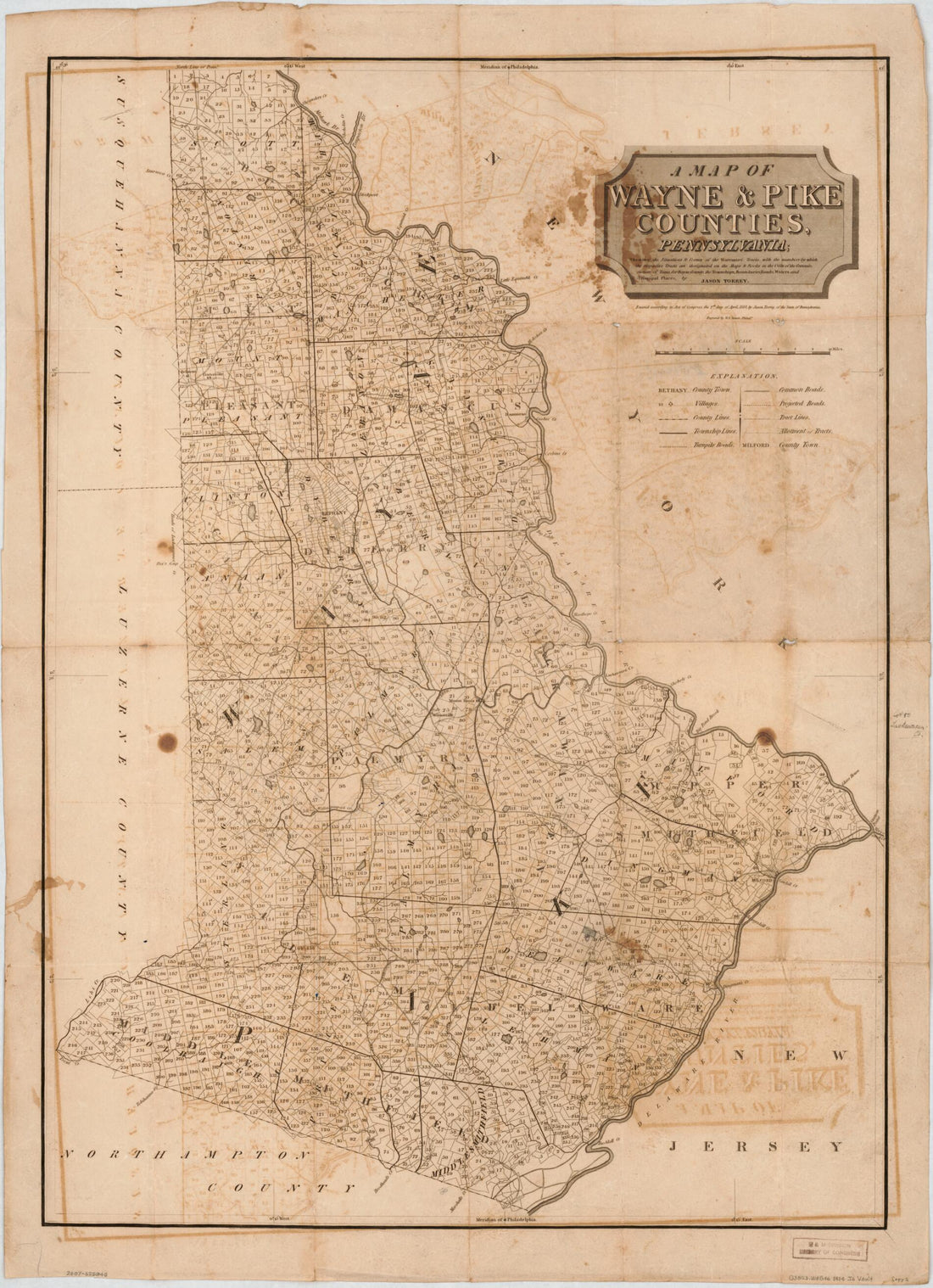This old map of A Map of Wayne &amp; Pike Counties, Pennsylvania : Shewing the Situations &amp; Forms of the Warrantee Tracts, With the Numbers by Which the Respective Tracts Are Distinguished In the Maps &amp; Books In the Office of the Commissioners of Places for 