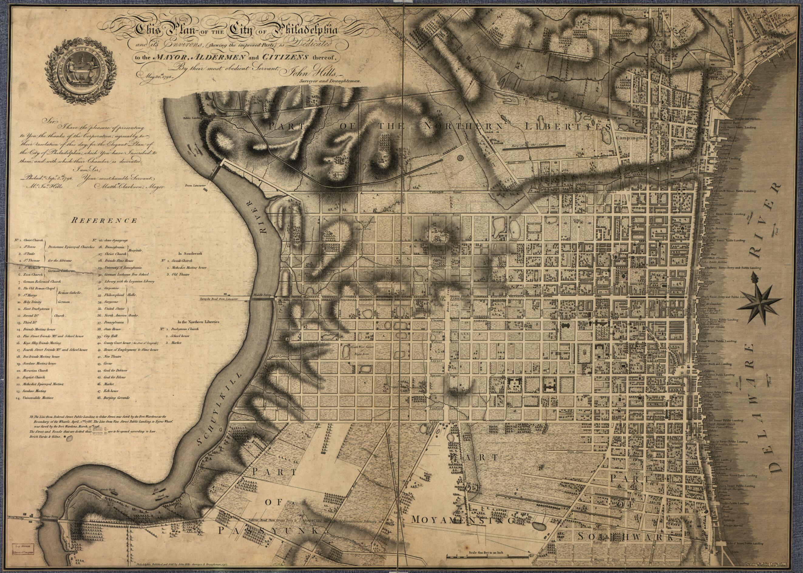 This old map of This Plan of the City of Philadelphia and Its Environs (showing the Improved Parts) from 1796 was created by John Cooke, John Hills in 1796