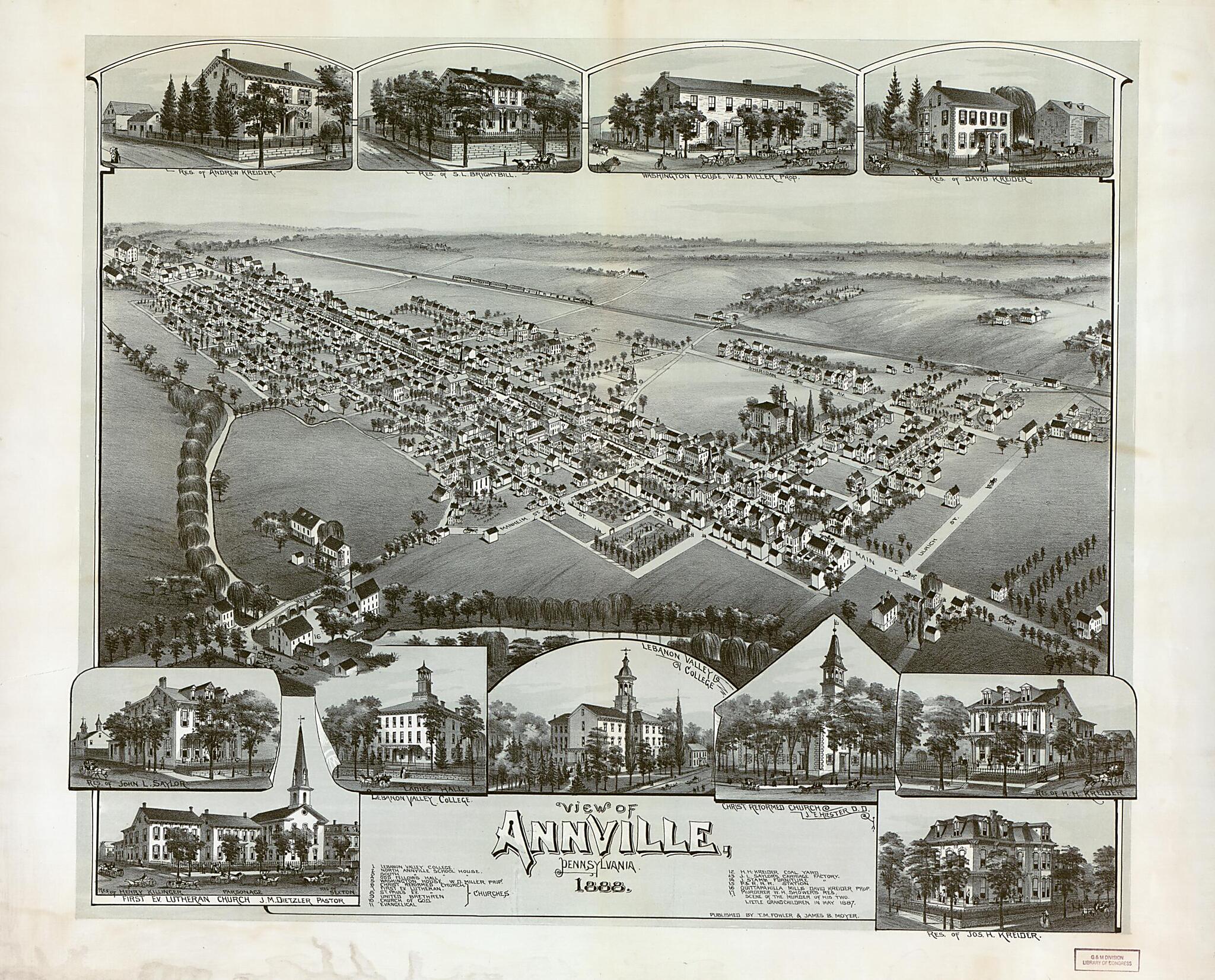 This old map of View of Annville, Pennsylvania, from 1888 was created by  Fowler &amp; Moyer, T. M. (Thaddeus Mortimer) Fowler, James B. Moyer in 1888