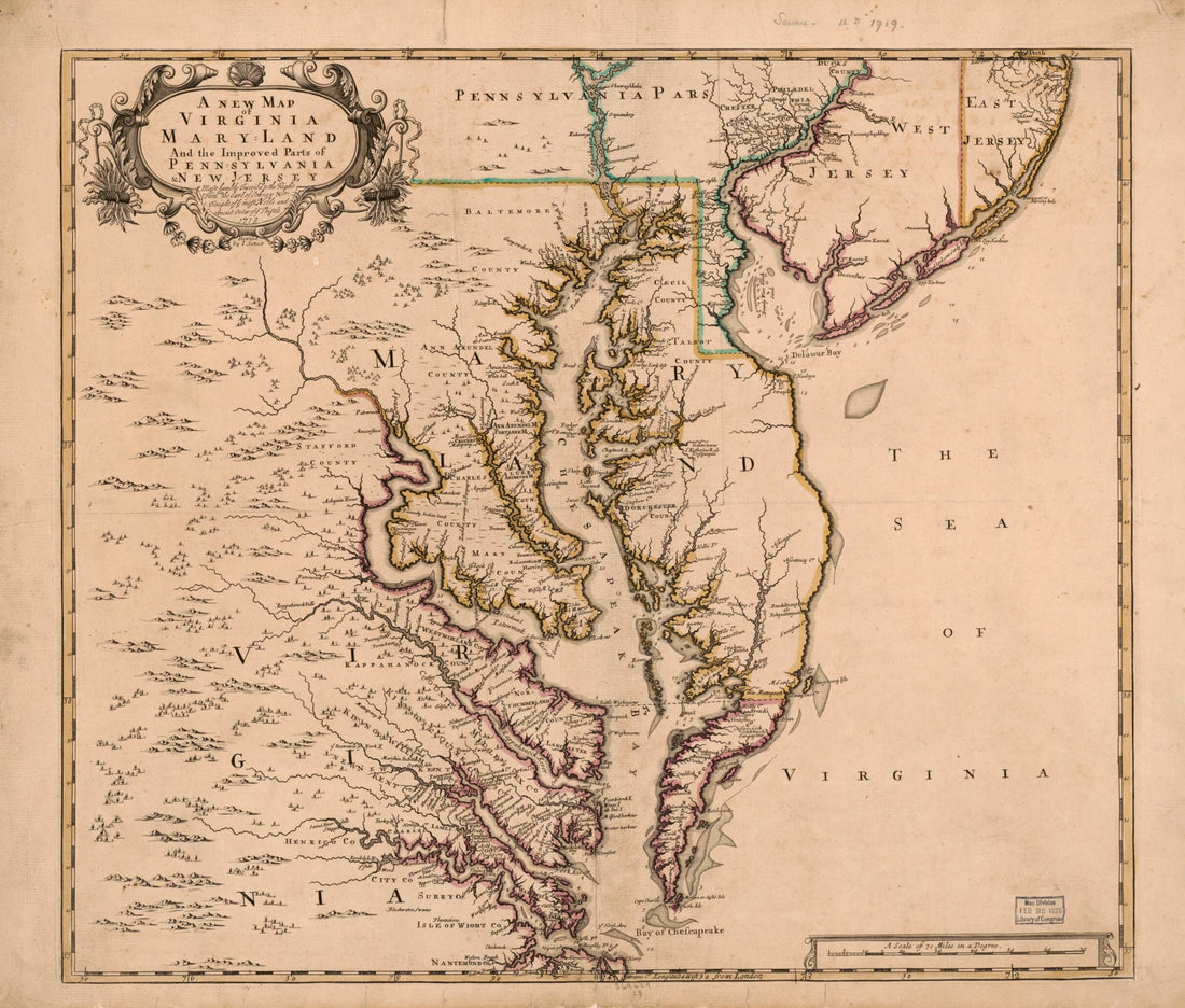 This old map of Land, and the Improved Parts of Pennsylvania &amp; New Jersey. (New Map of Virginia, Maryland, and the Improved Parts of Pennsylvania and New Jersey) from 1719 was created by John Senex in 1719