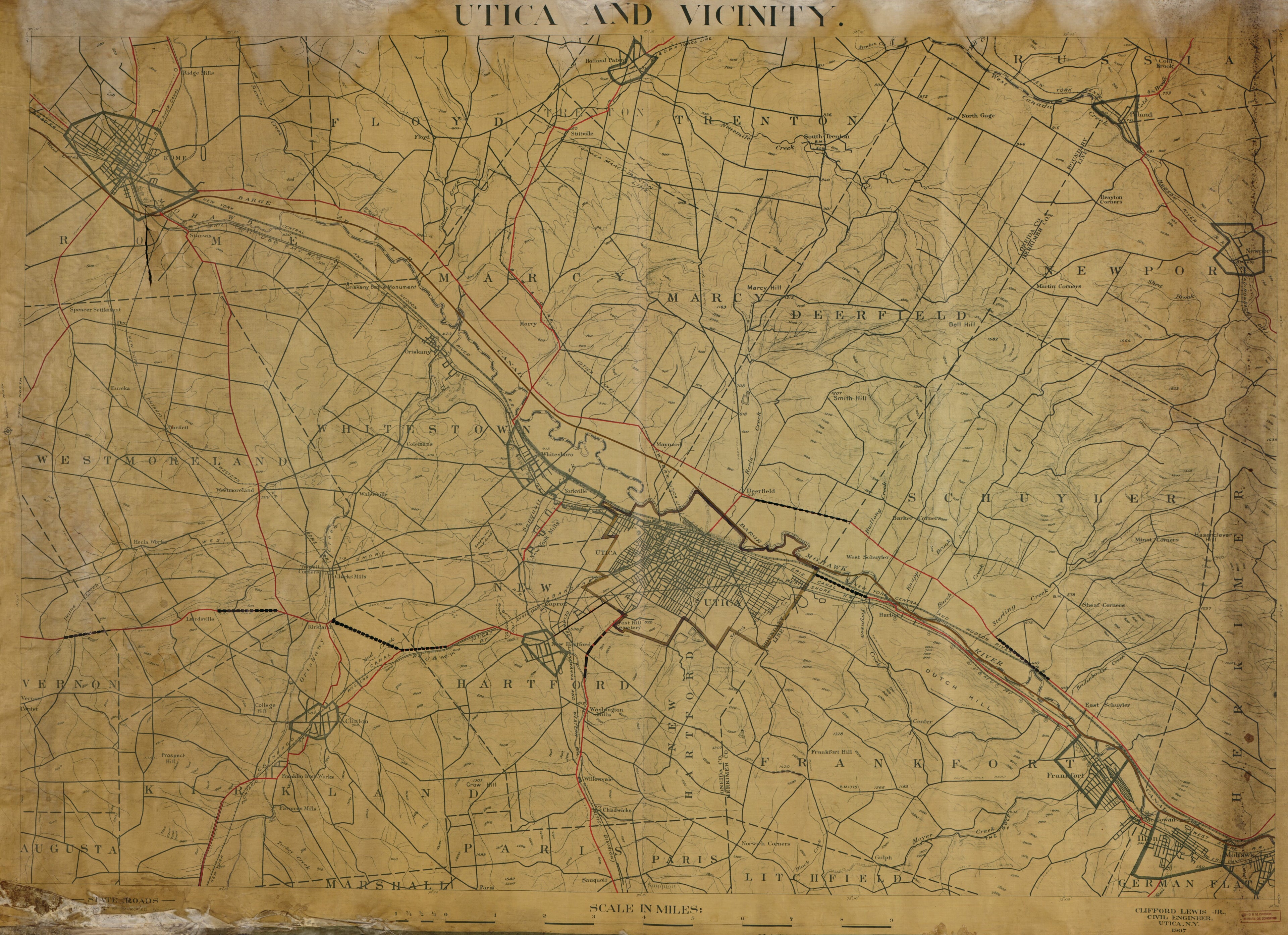 This old map of Utica and Vicinity from 1907 was created by Clifford Lewis in 1907