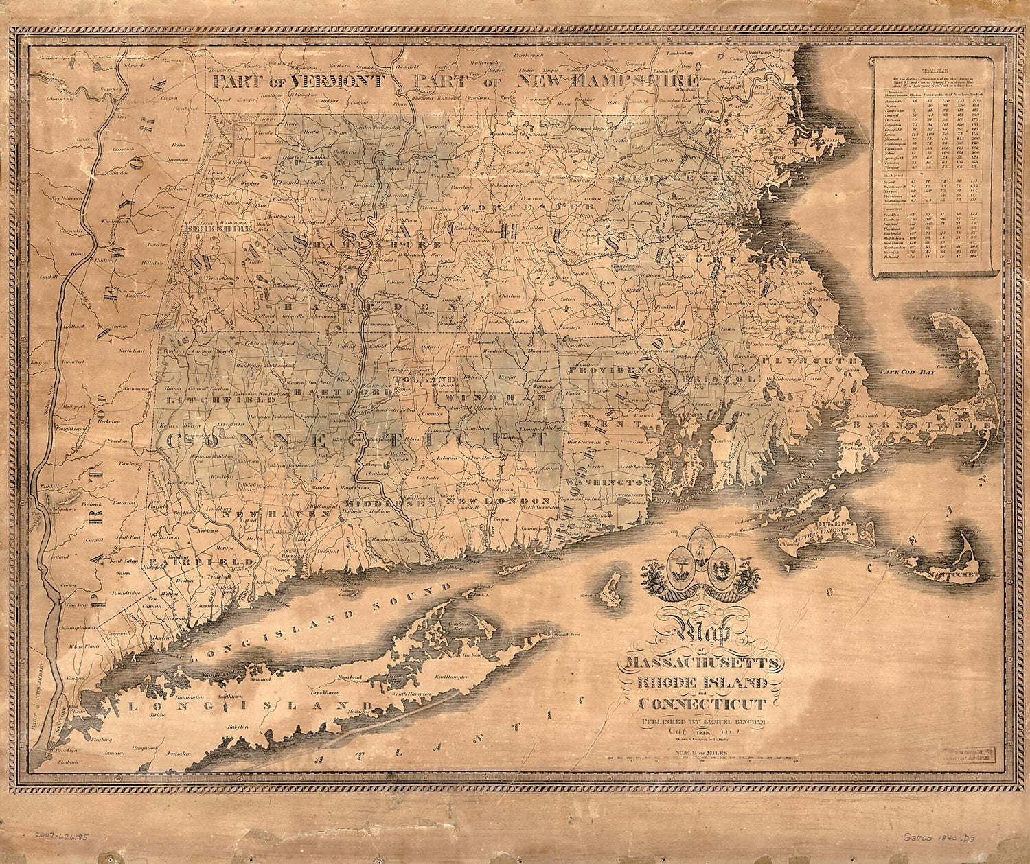 This old map of Map of Massachusetts, Rhode Island, and Connecticut from 1840 was created by Lemuel Bingham, John Gould Darby in 1840