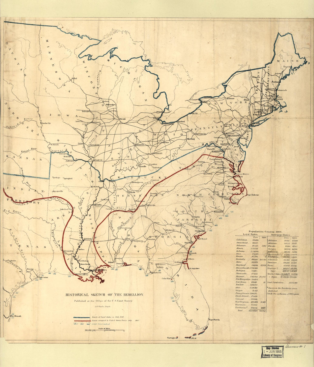 This old map of Historical Sketch of the Rebellion : United States from 1863 was created by Charles G. Krebs, H. (Henry) Lindenkohl,  United States Coast Survey in 1863