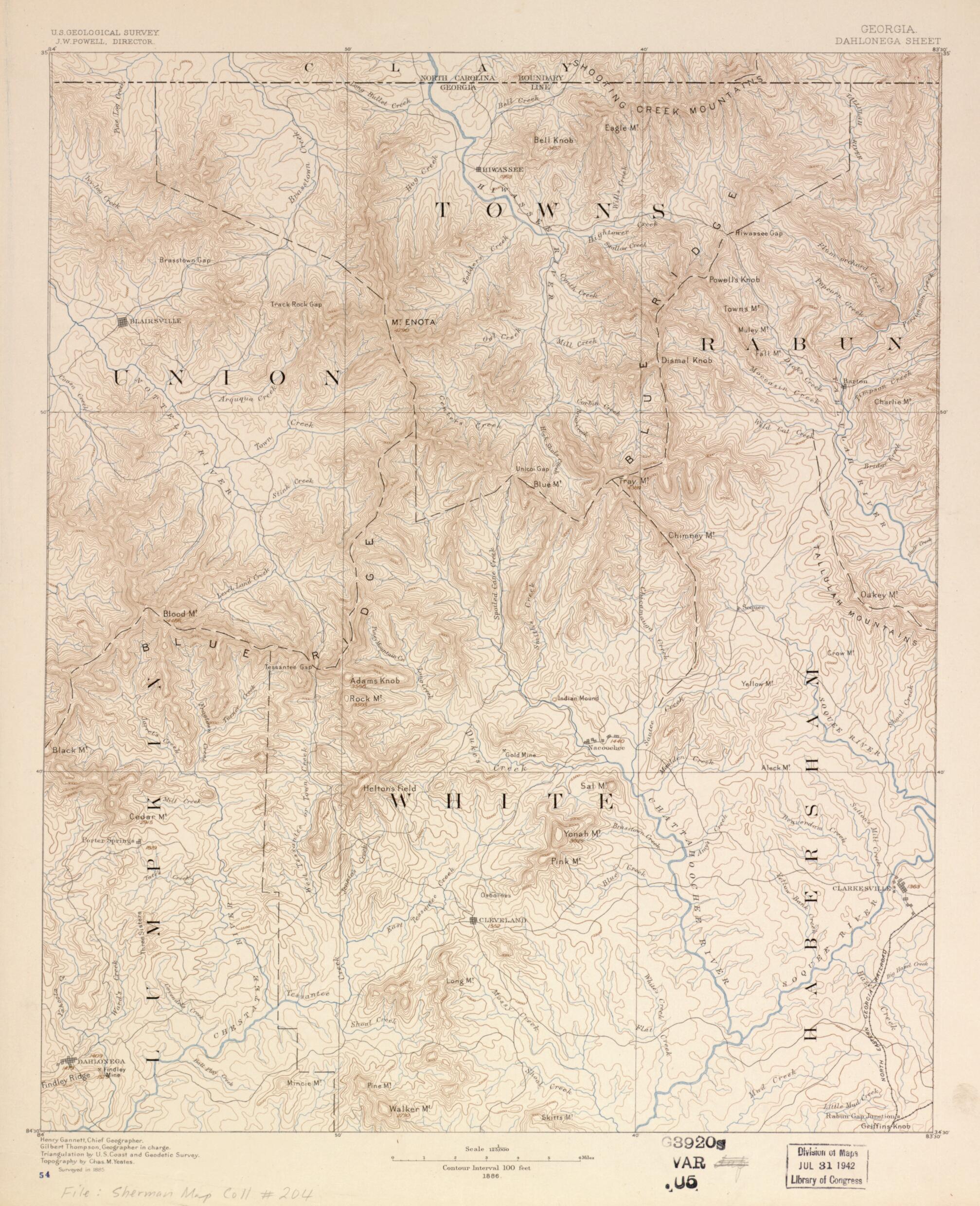 This old map of Georgia, Dahlonega Sheet from 1886 was created by Henry Gannett,  Geological Survey (U.S.), Gilbert Thompson,  U.S. Coast and Geodetic Survey, Chas. M. Yeates in 1886