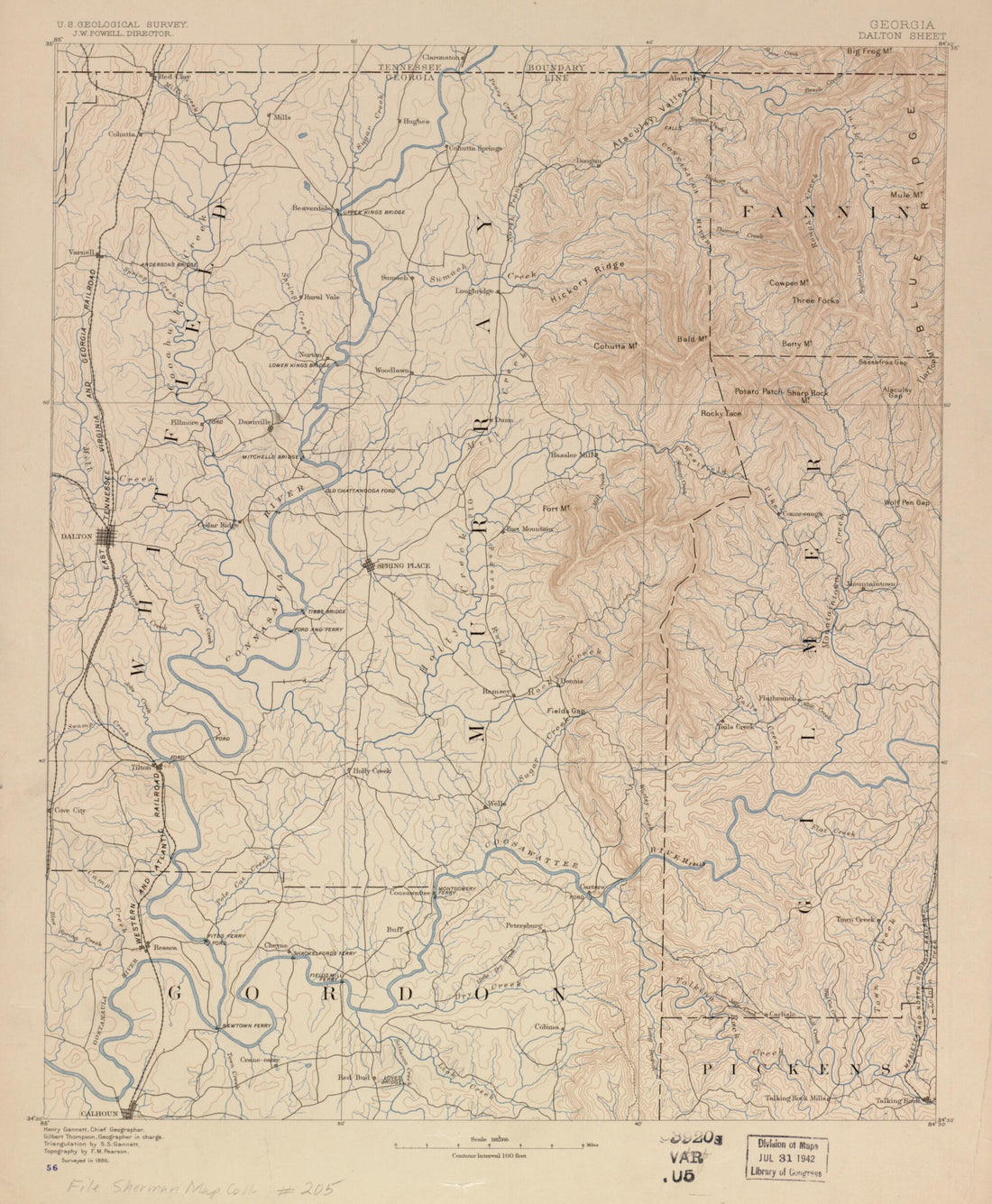 This old map of Georgia, Dalton Sheet from 1886 was created by Henry Gannett, Samuel S. (Samuel Stinson) Gannett,  Geological Survey (U.S.), F. M. Pearson, Gilbert Thompson in 1886