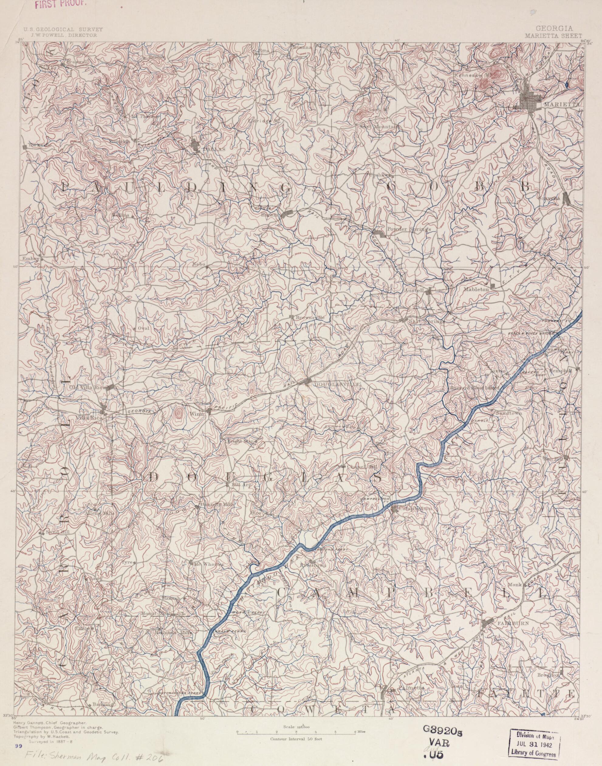 This old map of Georgia, Marietta Sheet from 1888 was created by Henry Gannett,  Geological Survey (U.S.), M. Hackett, Gilbert Thompson,  U.S. Coast and Geodetic Survey in 1888