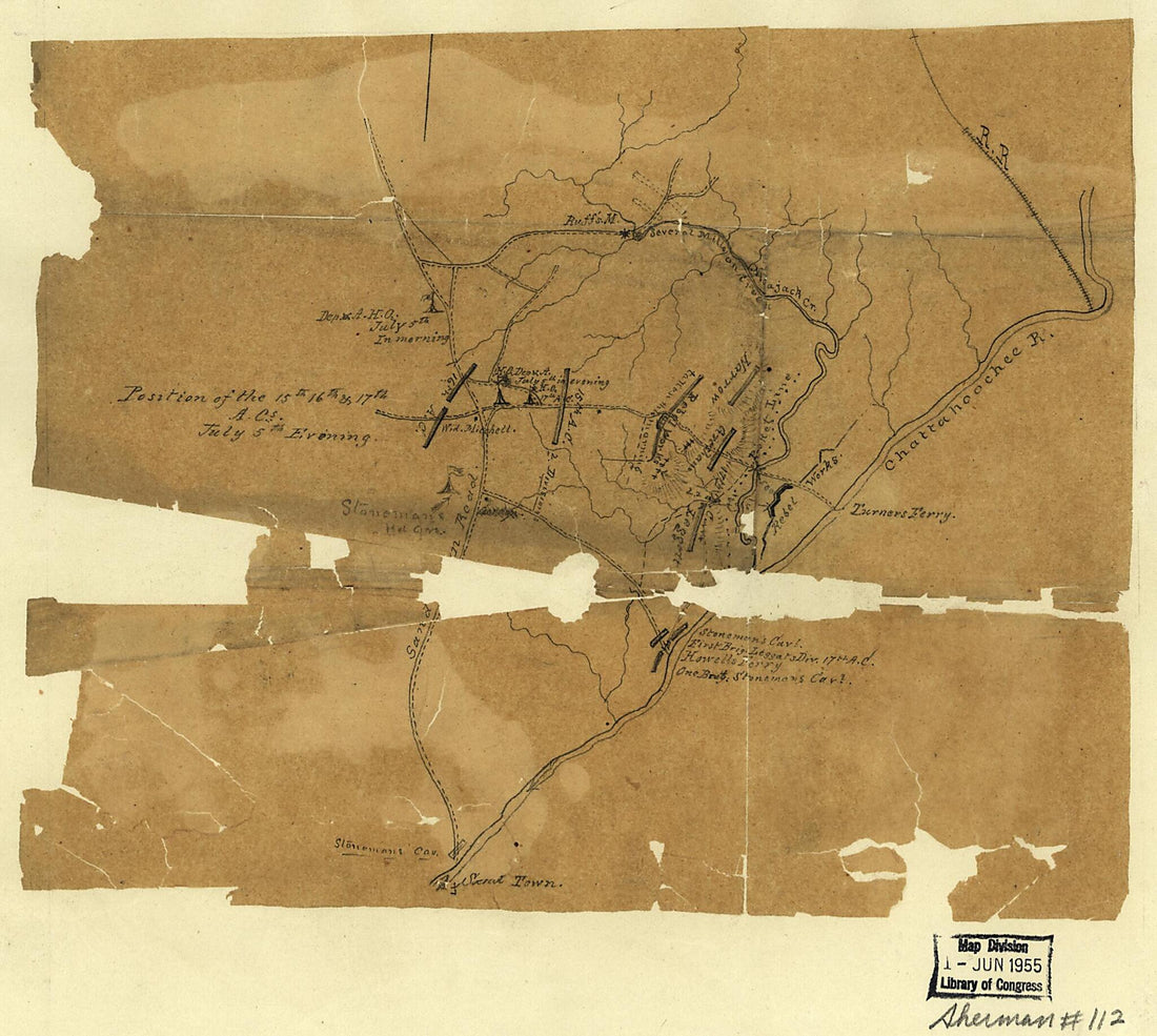 This old map of Position of the 15th, 16th &amp; 17th A.C.s, July 5th, from 1864 Evening was created by  in 1864