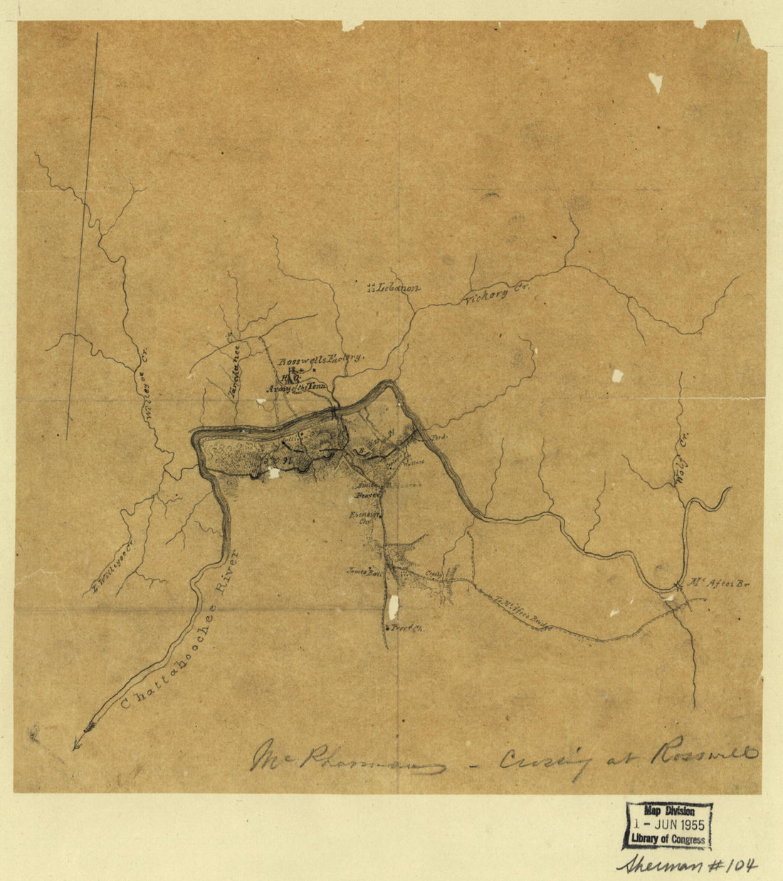 This old map of McPherson Crossing at Rosswell i.e., Roswell, Georgia July, from 1864. (McPherson Crossing at Roswell) was created by  in 1864