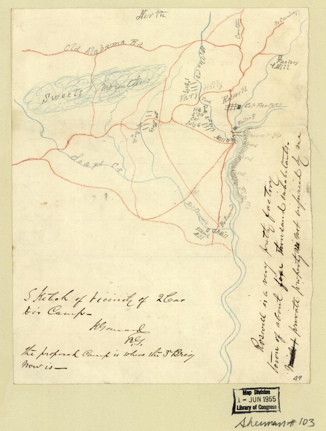 This old map of Sketch of Vicinity of 2 Cav. Div. Camp, the Proposed Camp Is Where the 3 Brig. Now Is : Roswell, Georgia from 1864 was created by K. (Kenner) Garrard in 1864