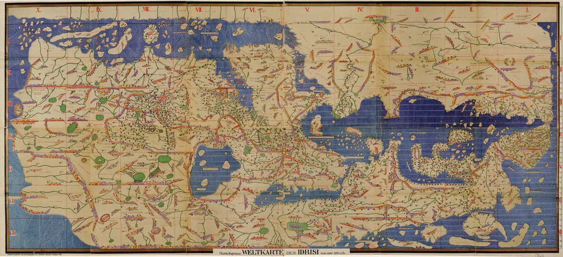 This old map of Weltkarte Des Idrisi Vom Jahr 1154 N. Ch., Charta Rogeriana (Charta Rogeriana, Explanations to the Proof of the Map of the World Drawn by Idrisi In 1154 and Restored by K. Miller In 1927) from 1928 was created by  Idrīsī, Konrad Miller 