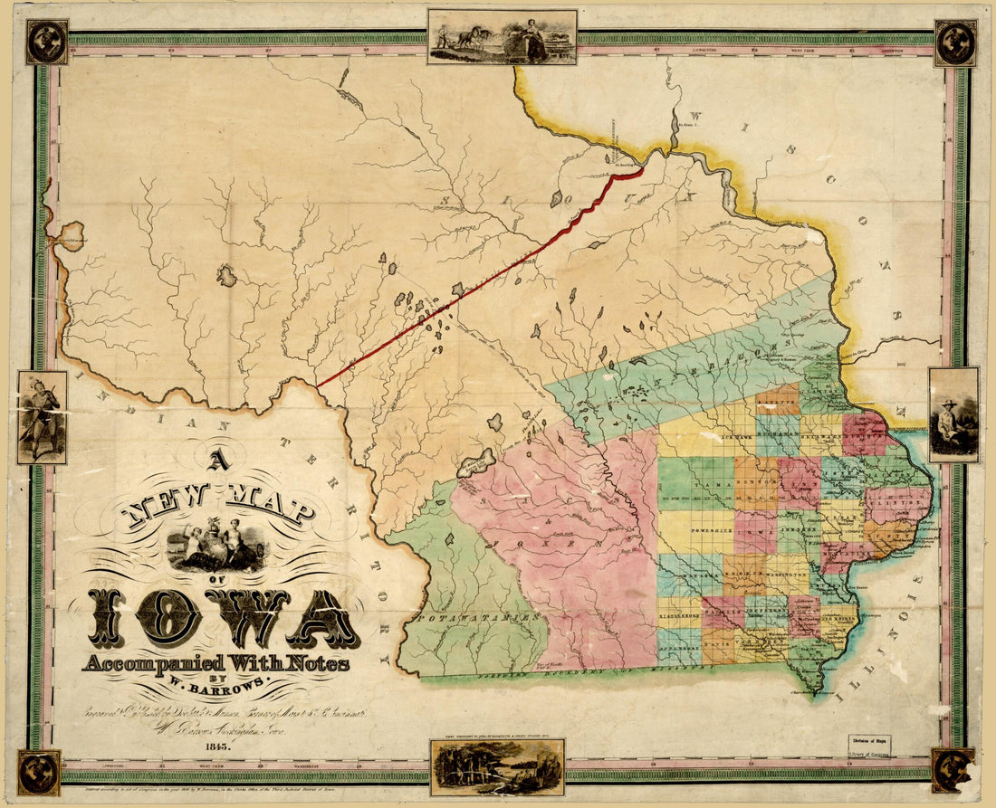 This old map of A New Map of Iowa : Accompanied With Notes by W. Barrows from 1845 was created by Willard Barrows,  Doolittle &amp; Munson in 1845