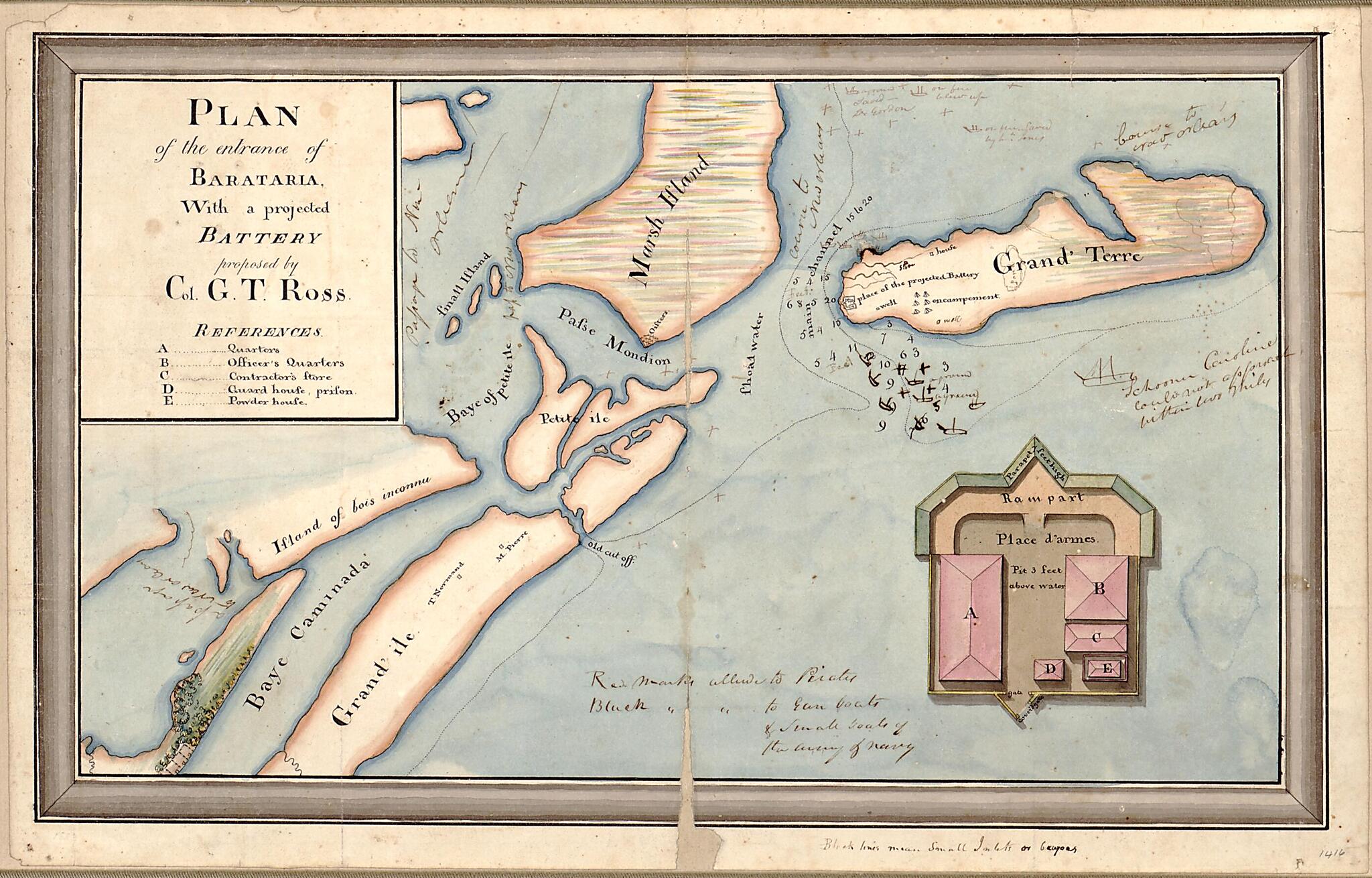 This old map of Plan of the Entrance of Barataria, With a Projected Battery Proposed by Col. G.T. Ross from 1812 was created by G.T. Ross in 1812