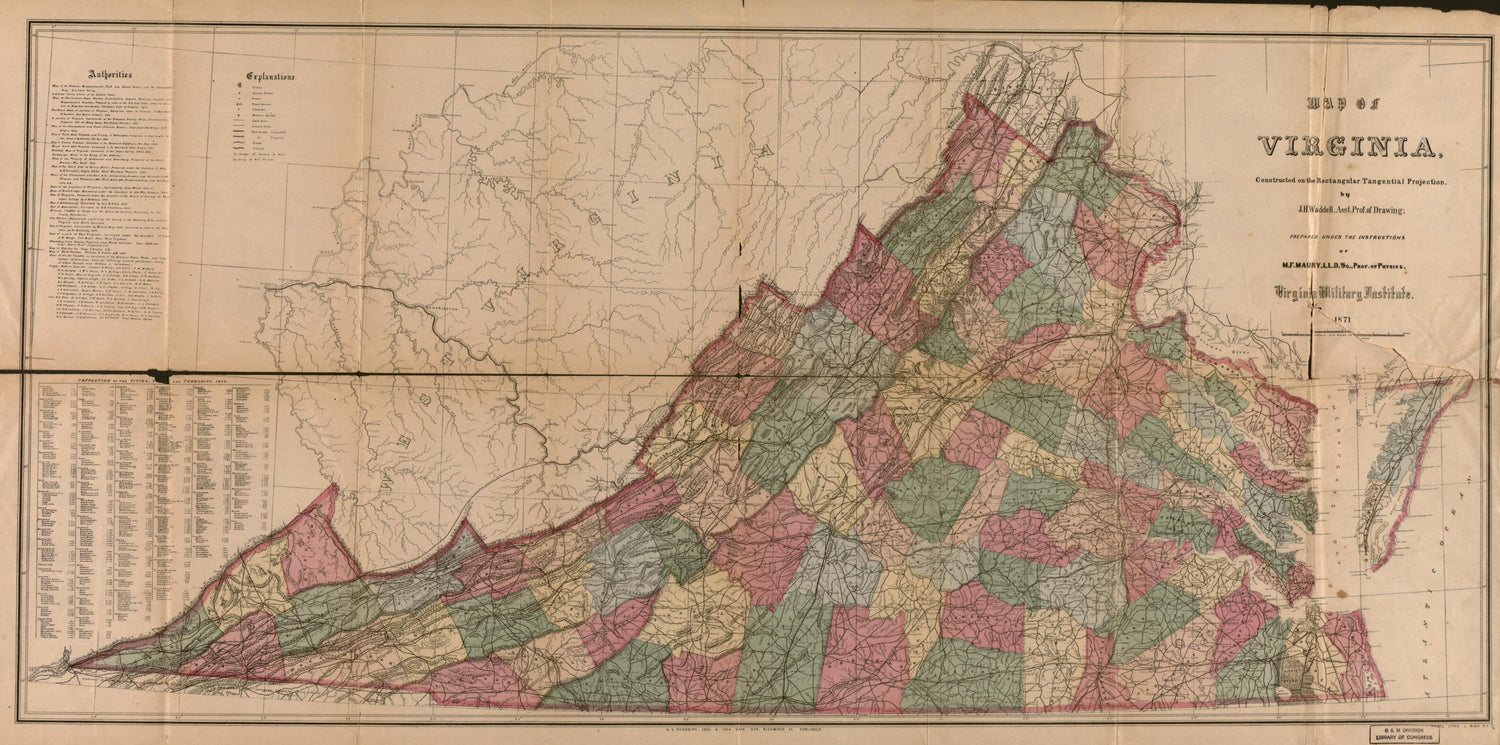This old map of Map of Virginia from 1871 was created by Matthew Fontaine Maury, J. H. Waddell in 1871