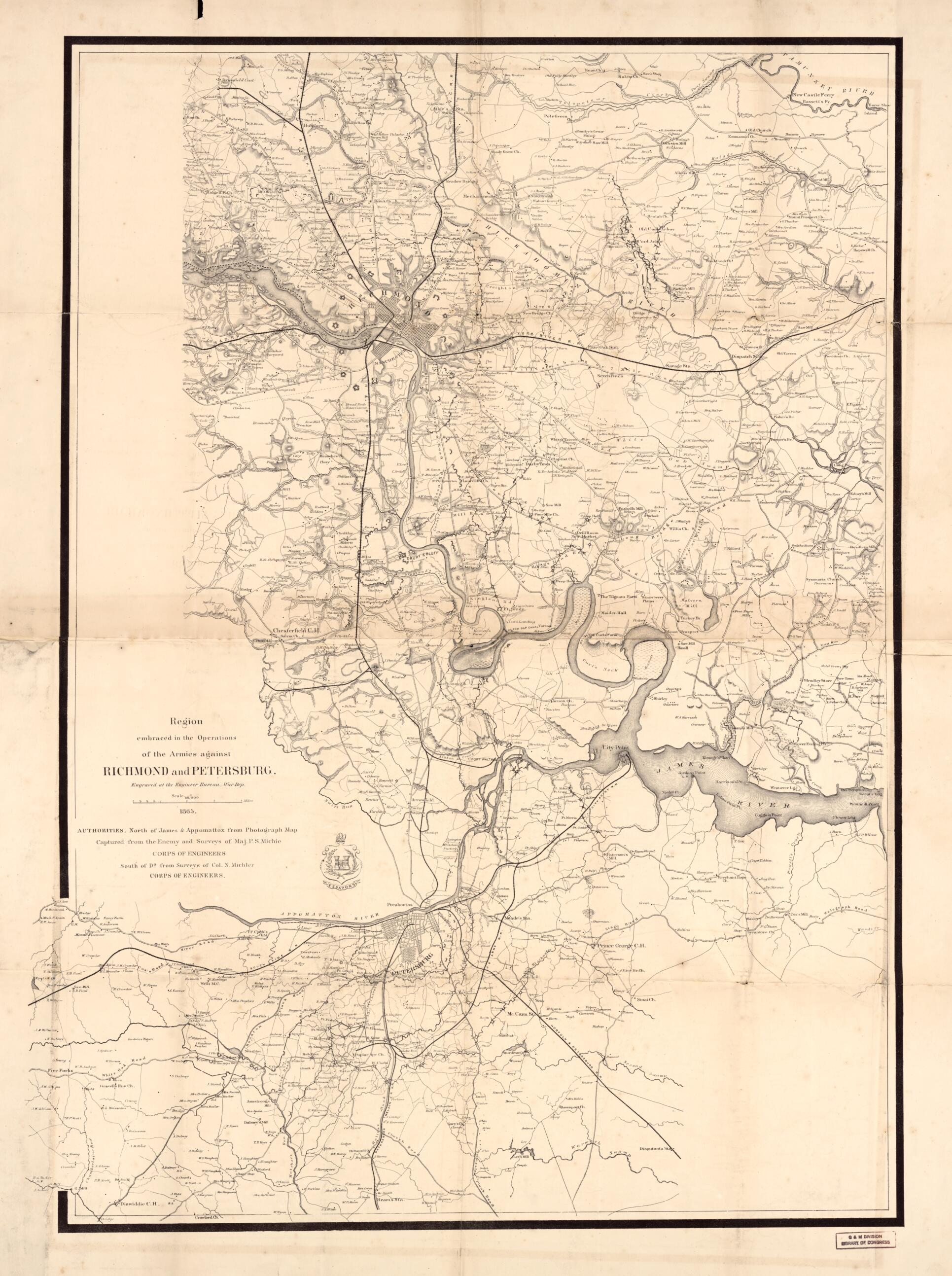 This old map of Region Embraced In the Operations of the Armies Against Richmond and Petersburg from 1865 was created by Peter Smith Michie, N. (Nathaniel) Michler,  United States. Army. Corps of Engineers in 1865