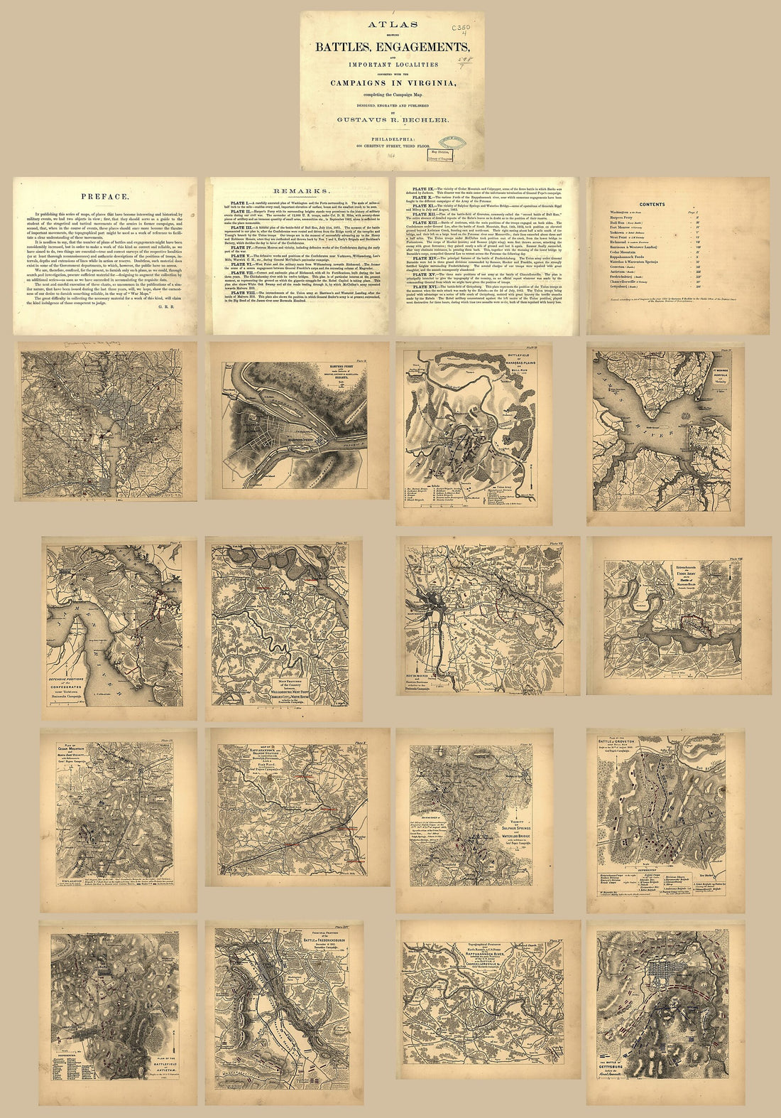 This old map of Atlas Showing Battles, Engagements, and Important Localities Connected With the Campaigns In Virginia, Completing the Campaign Map from 1864 was created by Gustavus R. Bechler in 1864