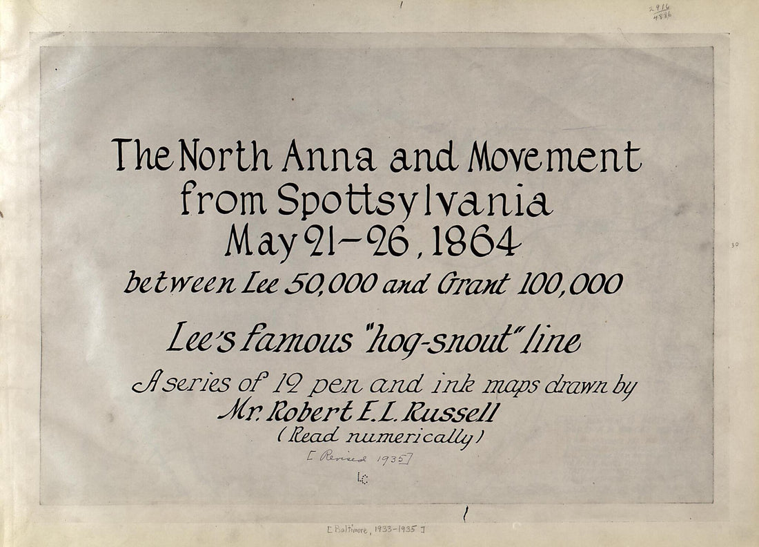 This old map of 26, from 1864, Between Lee, 50,000 and Grant, 100,000 was created by Robert E. L. Russell in 1864
