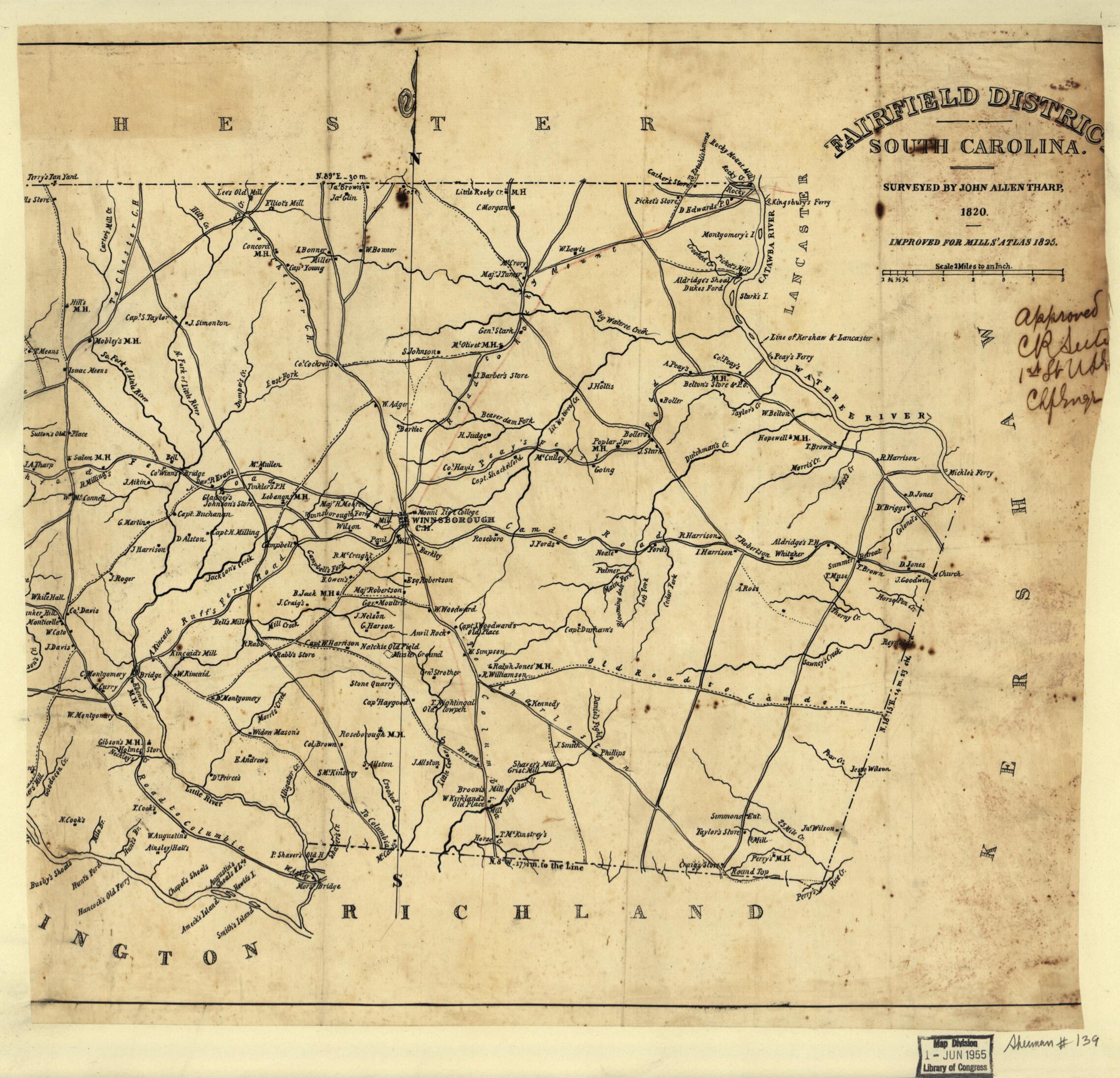 This old map of Fairfield Districtt, South Carolina from 1825 was created by Robert Mills in 1825