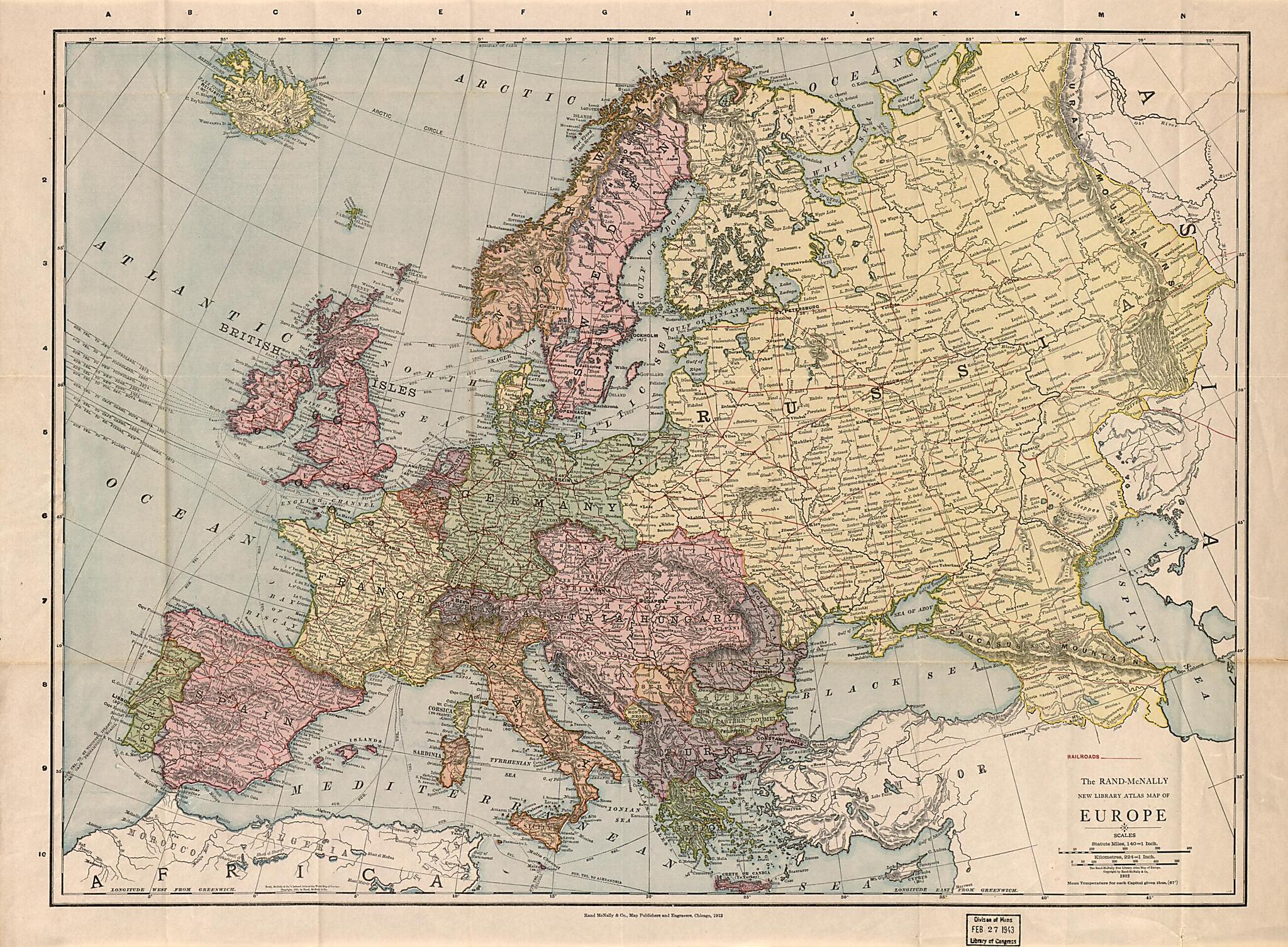 This old map of McNally New Library Atlas Map of Europe (New Library Atlas Map of Europe, Europe) from 1912 was created by  Rand McNally and Company in 1912