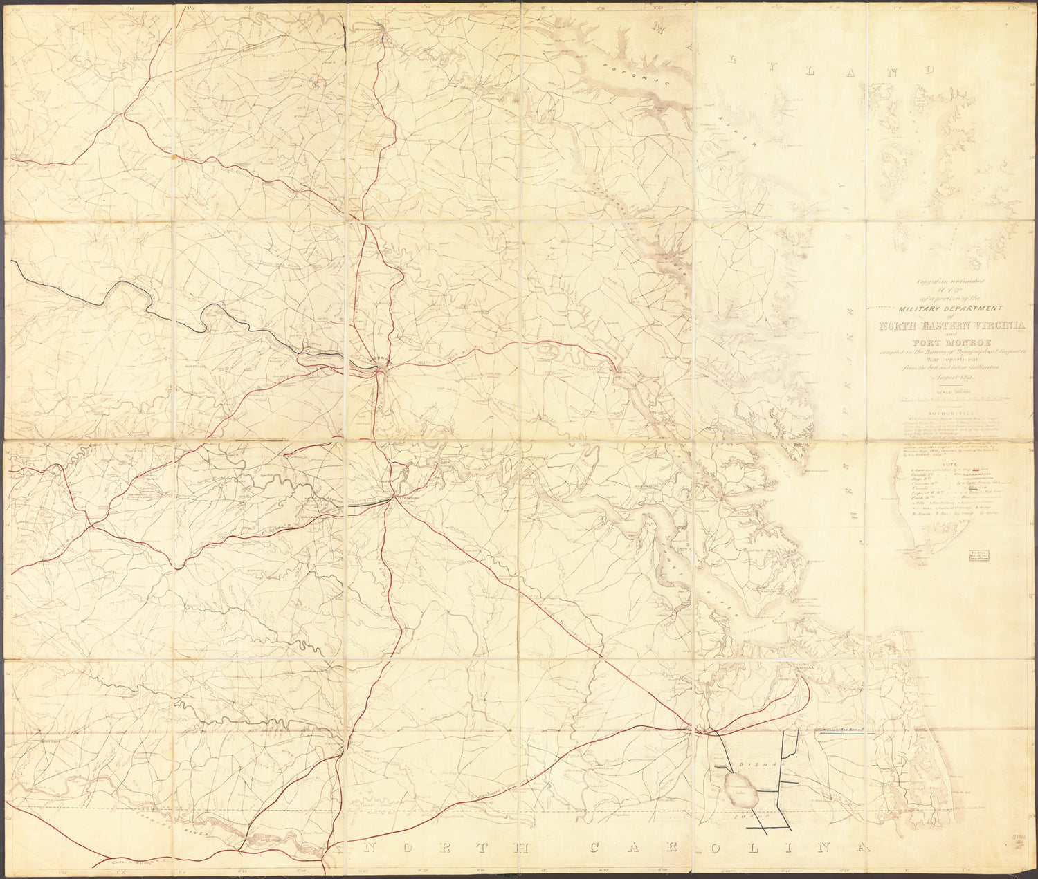 This old map of Copy of an Unfinished Map of a Portion of the Military Department of North Eastern Virginia and Fort Monroe from 1861 was created by  United States. Army. Corps of Topographical Engineers in 1861