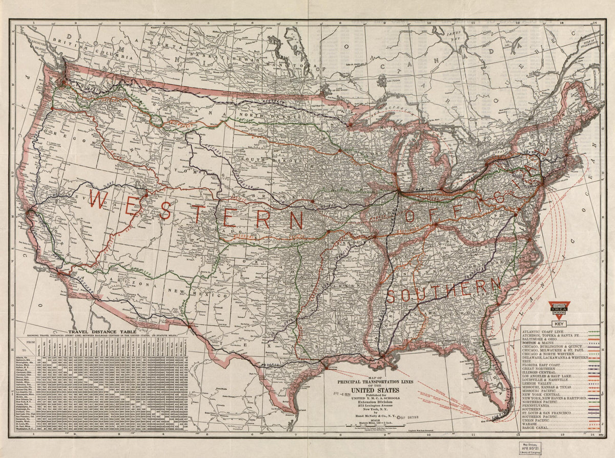 Map of Principal Transportation Lines of the United States 1921 by Relic Map Company