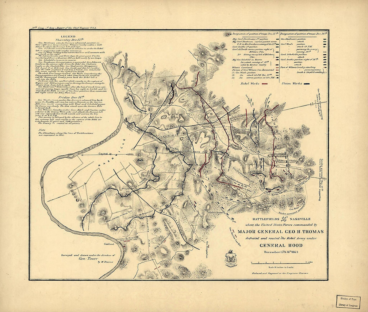 Battlefields In Front of Nashville Where the United States Forces Commanded by Major General Geo. H. Thomas Defeated and Routed the Rebel Army Under General Hood, December 15th &amp; 16th 1864 by Relic Map Company