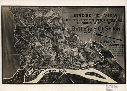 This old map of Birdseye View of Tennessee River, Pittsburg Landing, and the Battlefield of Shiloh, April 6, 1862 from 1917 was created by J. M. Manska in 1917