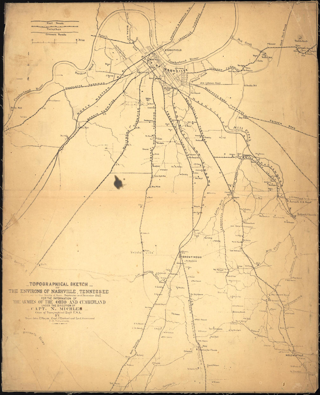 This old map of Topographical Sketch of the Environs of Nashville, Tennessee from 1862 was created by N. (Nathaniel) Michler, J. E. Weyss in 1862