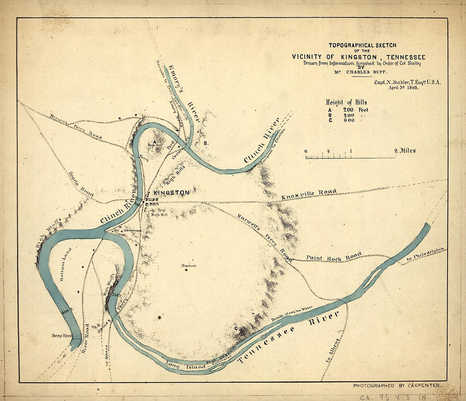 This old map of Topographical Sketch of the Vicinity of Kingston, Tennessee from 1863 was created by N. (Nathaniel) Michler in 1863