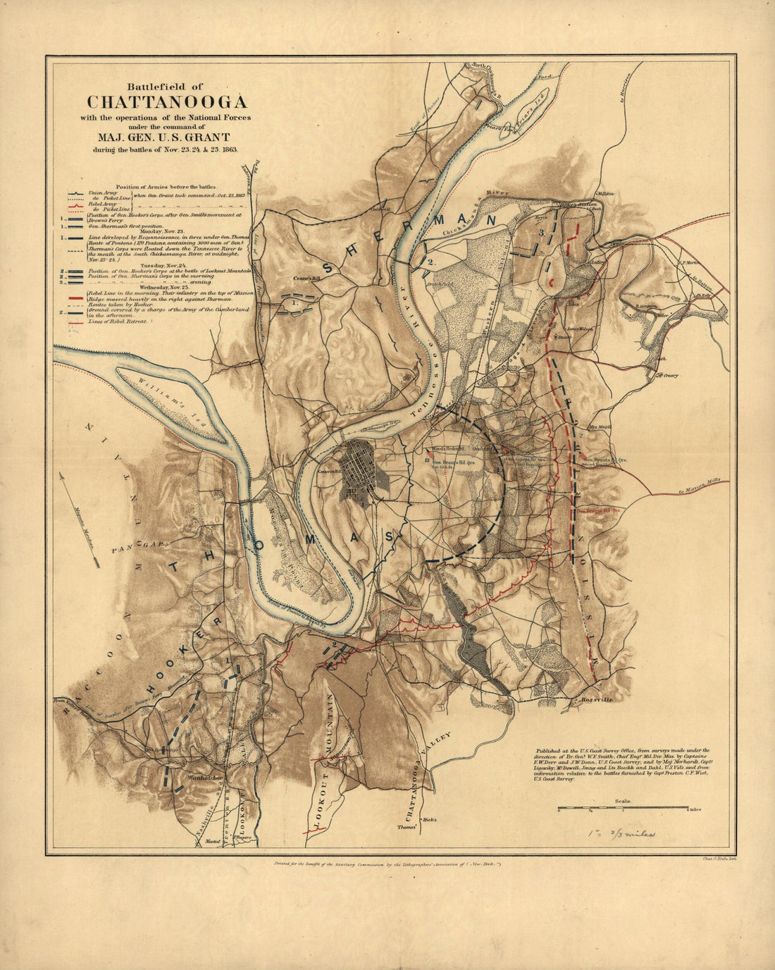 This old map of Battlefield of Chattanooga With the Operations of the National Forces Under the Command of Maj. Gen. U.S. Grant During the Battles of Nov. 23, 24, & 25, from 1863 was created by William F. Smith in 1863