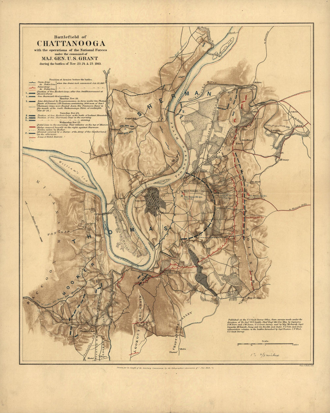 This old map of Battlefield of Chattanooga With the Operations of the National Forces Under the Command of Maj. Gen. U.S. Grant During the Battles of Nov. 23, 24, &amp; 25, from 1863 was created by William F. Smith in 1863