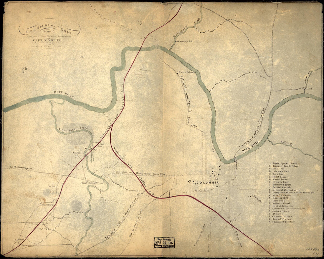 This old map of Columbia, Tennessee and Vicinity from 1863 was created by N. (Nathaniel) Michler, J. E. Weyss in 1863