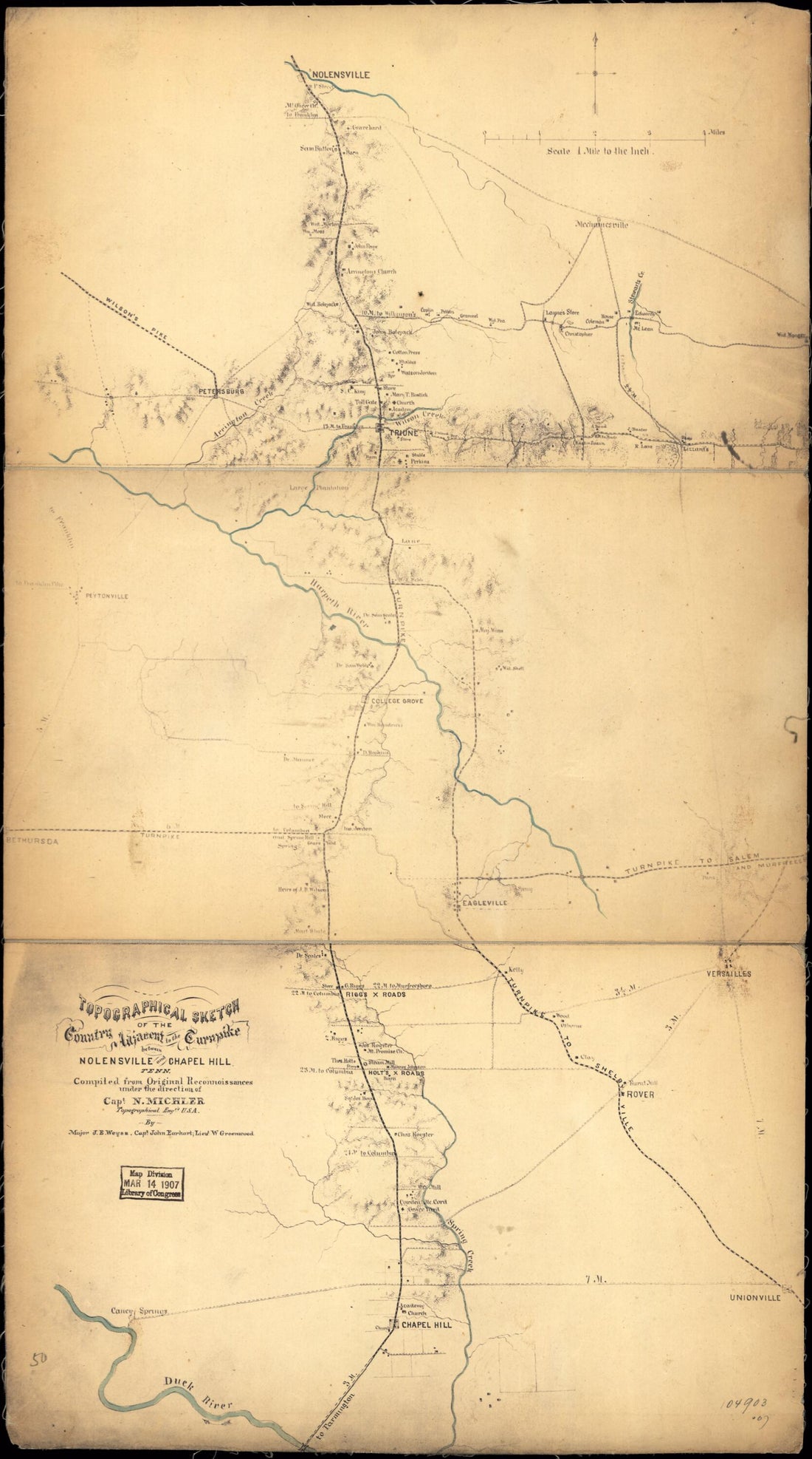 This old map of Topographical Sketch of the Country Adjacent to the Turnpike Between Nolensville and Chapel Hill, Tennessee from 1863 was created by N. (Nathaniel) Michler, J. E. Weyss in 1863