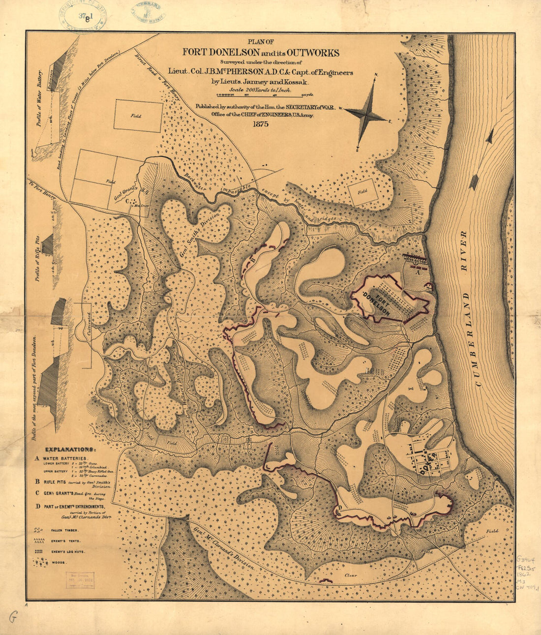 This old map of Plan of Fort Donelson and Its Outworks. Feb. 1862 from 1875 was created by James Birdseye McPherson in 1875