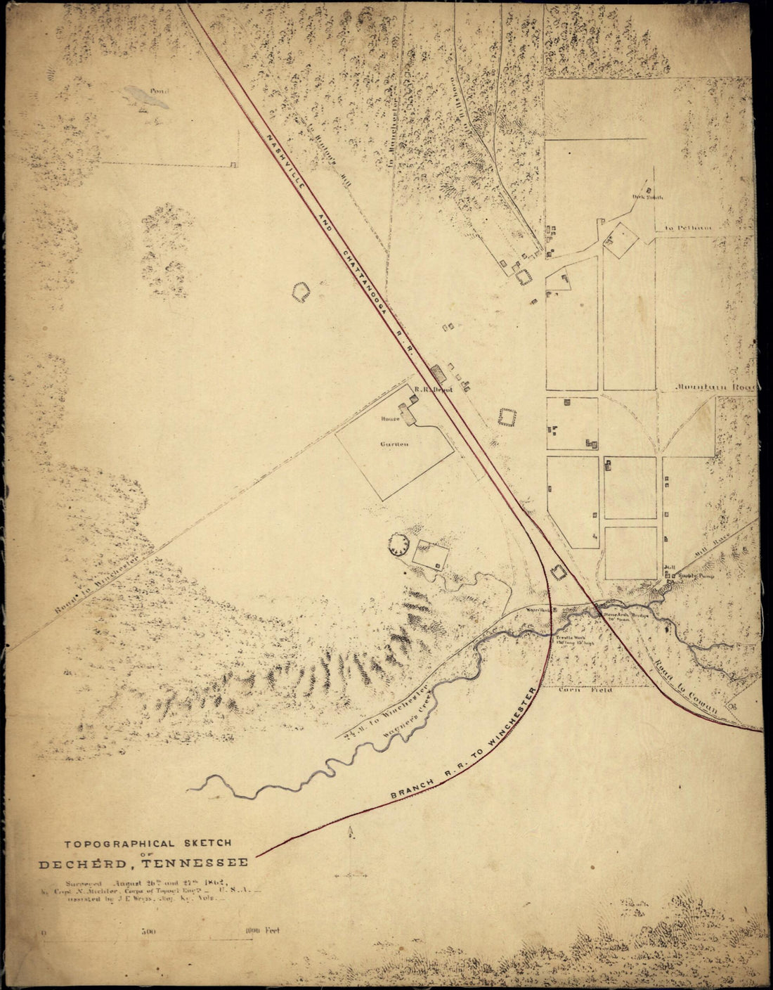 This old map of Topographical Sketch of Decherd, Tennessee from 1862 was created by N. (Nathaniel) Michler, J. E. Weyss in 1862
