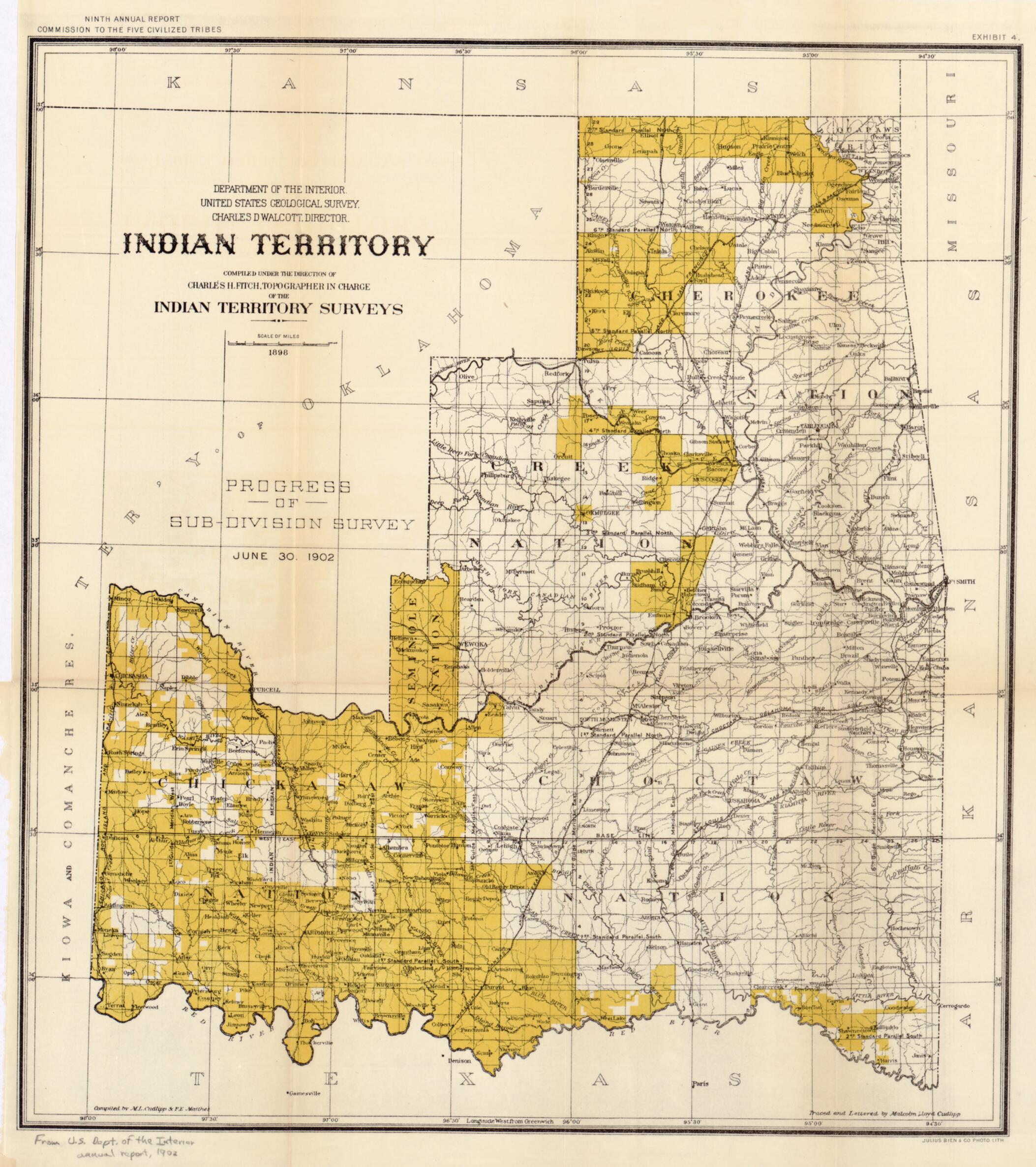 This old map of Indian Territory : Compiled Under the Direction of Charles H. Fitch, Topographer In Charge of the Indian Territory Surveys from 1898 was created by M. L. (Malcolm Lloyd) Cudlipp, François Matthes,  United States. Commission to the Five C