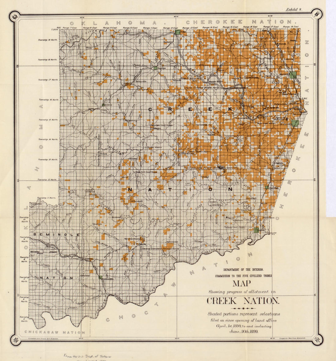 This old map of Map Showing Progress of Allotment In Creek Nation from 1899 was created by C. H. Dana,  United States. Commission to the Five Civilized Tribes in 1899