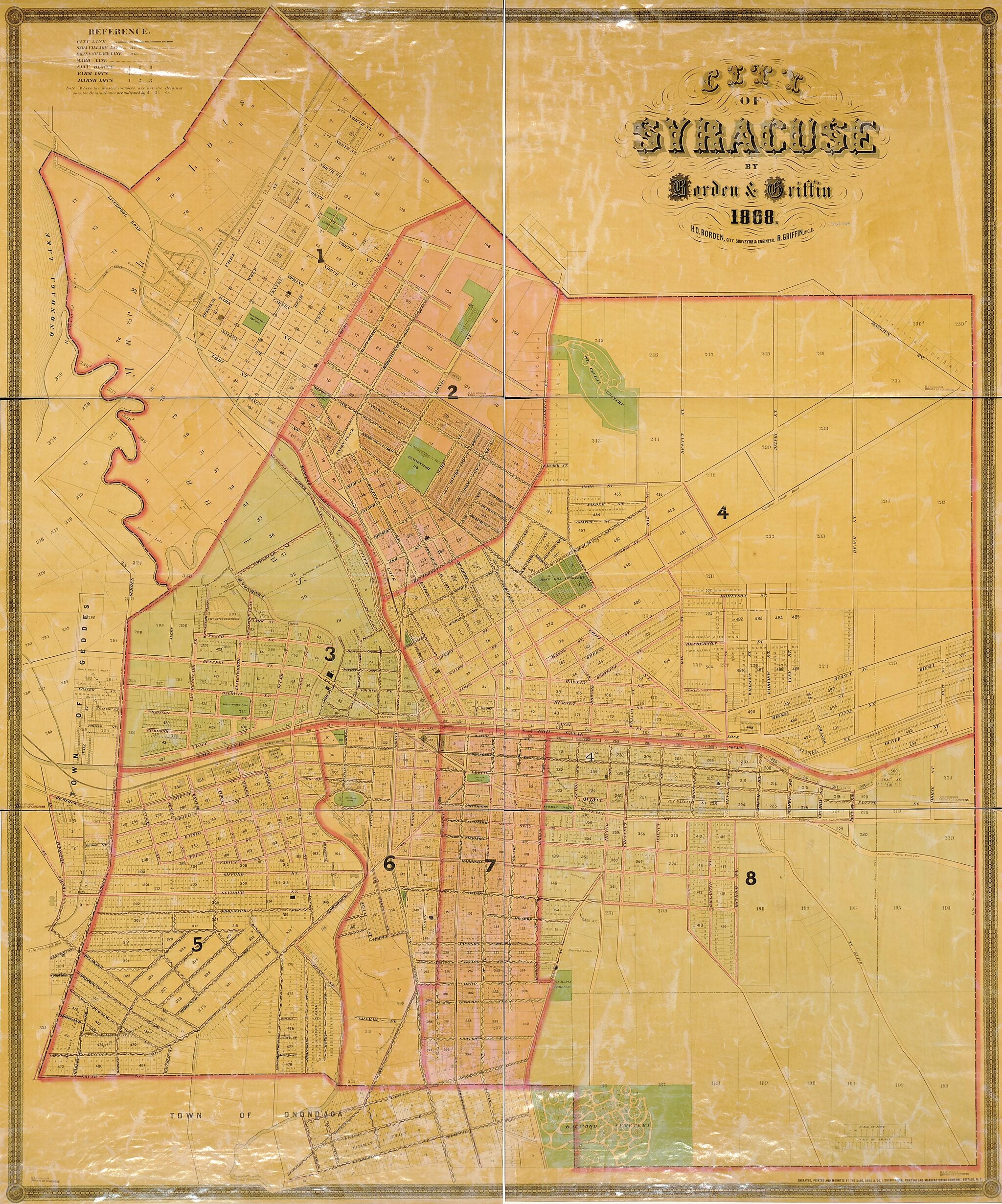 This old map of City of Syracuse from 1868 was created by H. D. Borden, R. Griffin in 1868