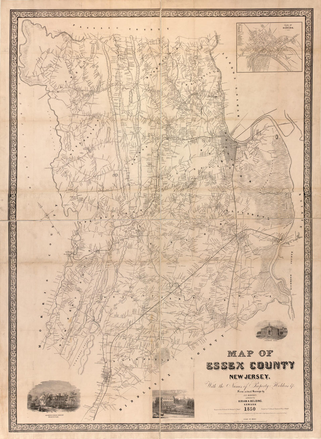 This old map of Map of Essex County, New Jersey : With the Names of Property Holders &amp;c from 1850 was created by J. C. (James C.) Sidney in 1850